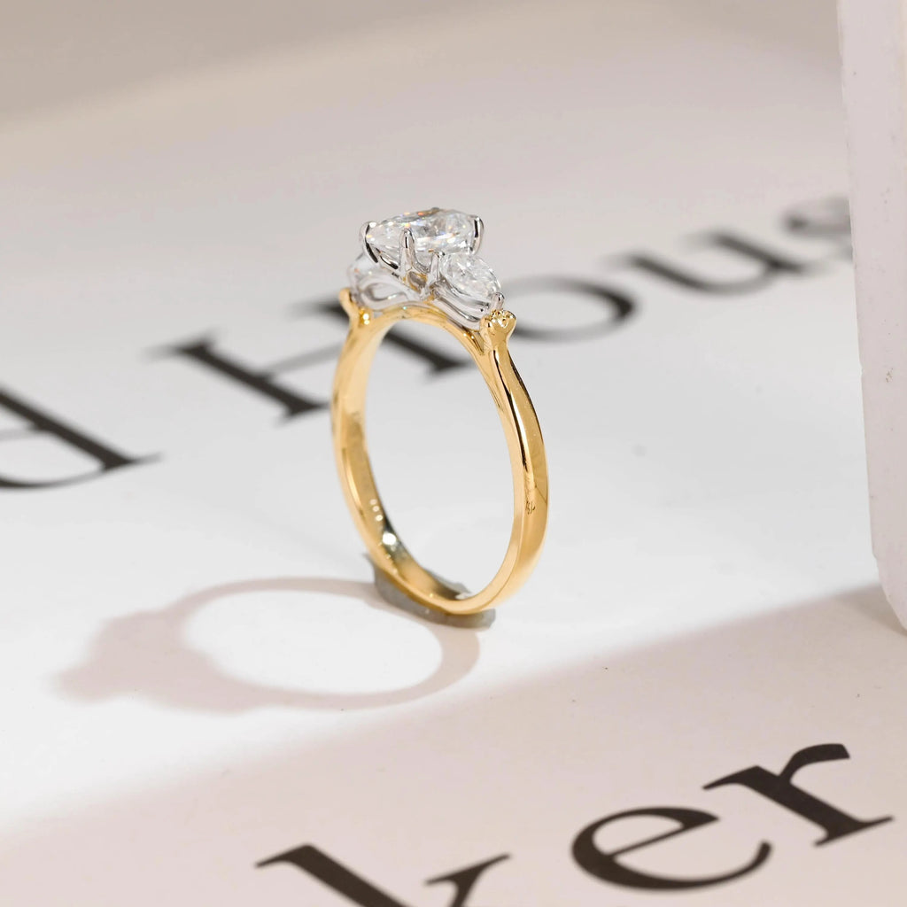 Solid Gold Oval Moissanite Engagement Ring, Three Stone Promise Ring
