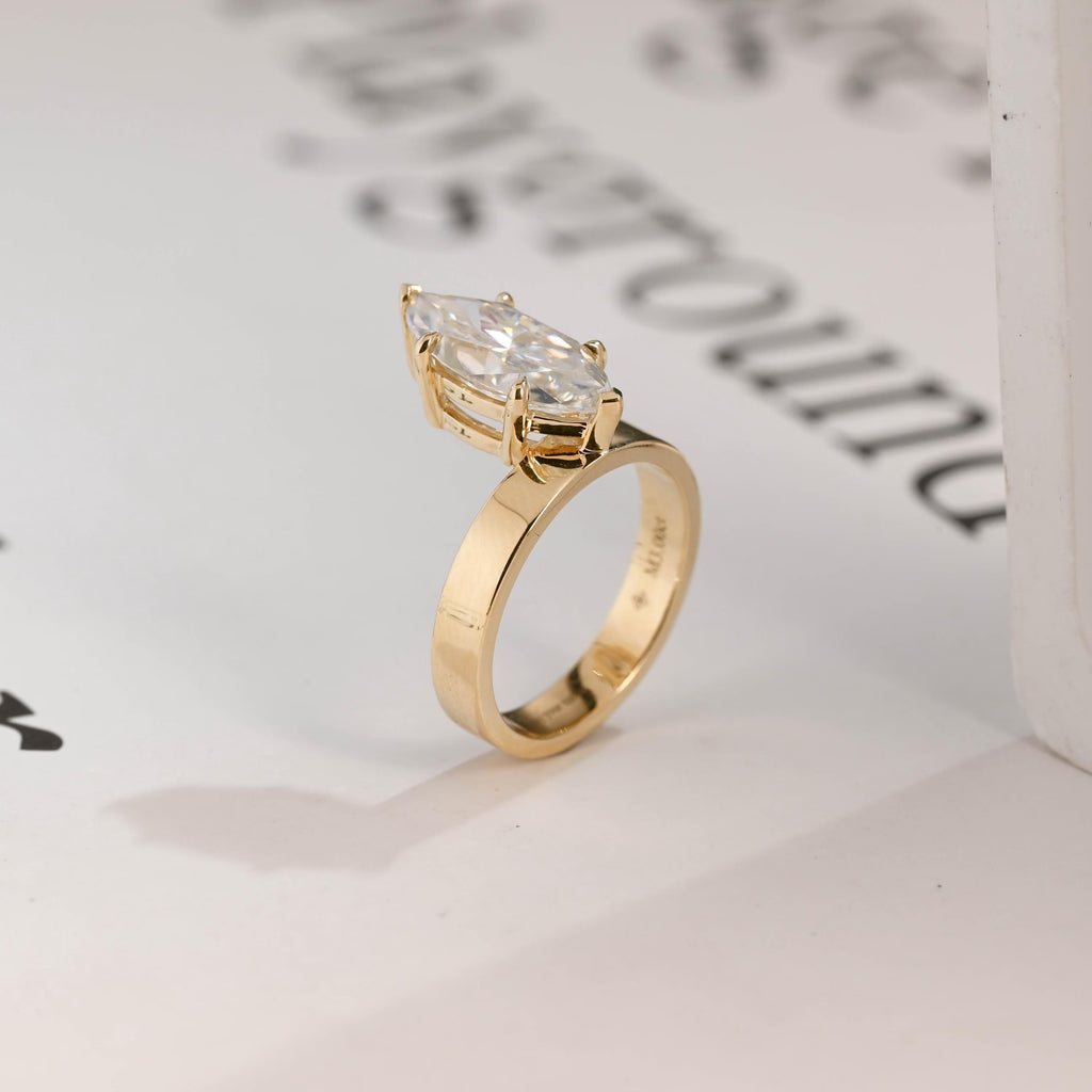Solid Gold 3.5mm Wide Band Marquise Moissanite Engagement Ring