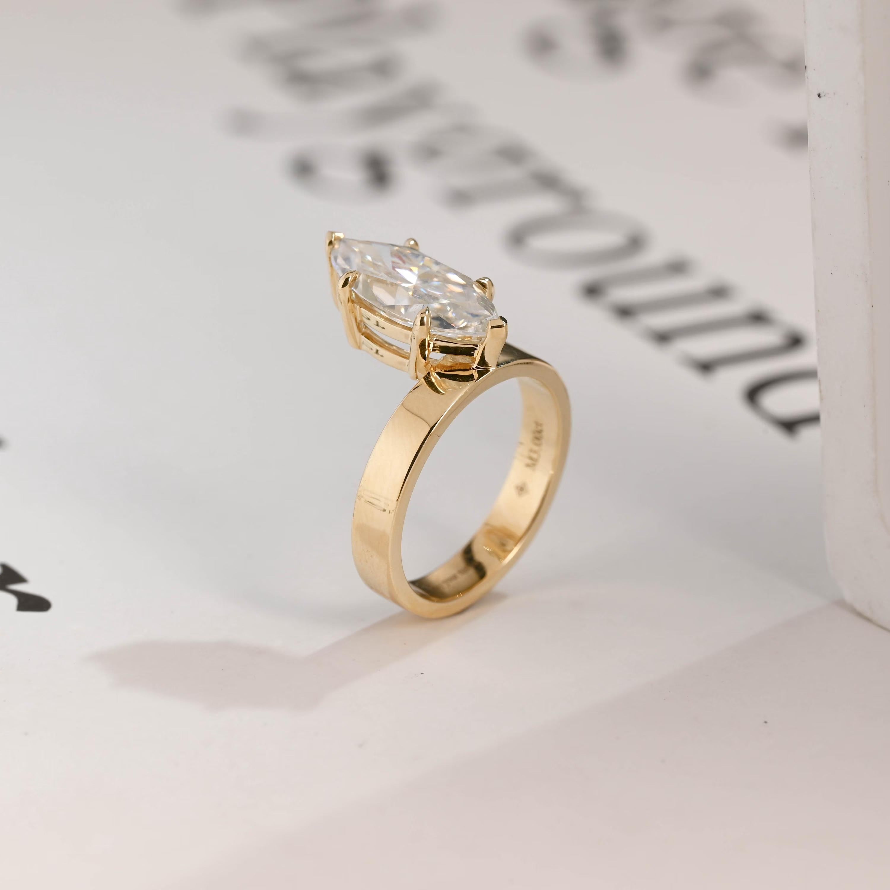 Solid Gold 3.5mm Wide Band Marquise Moissanite Engagement Ring
