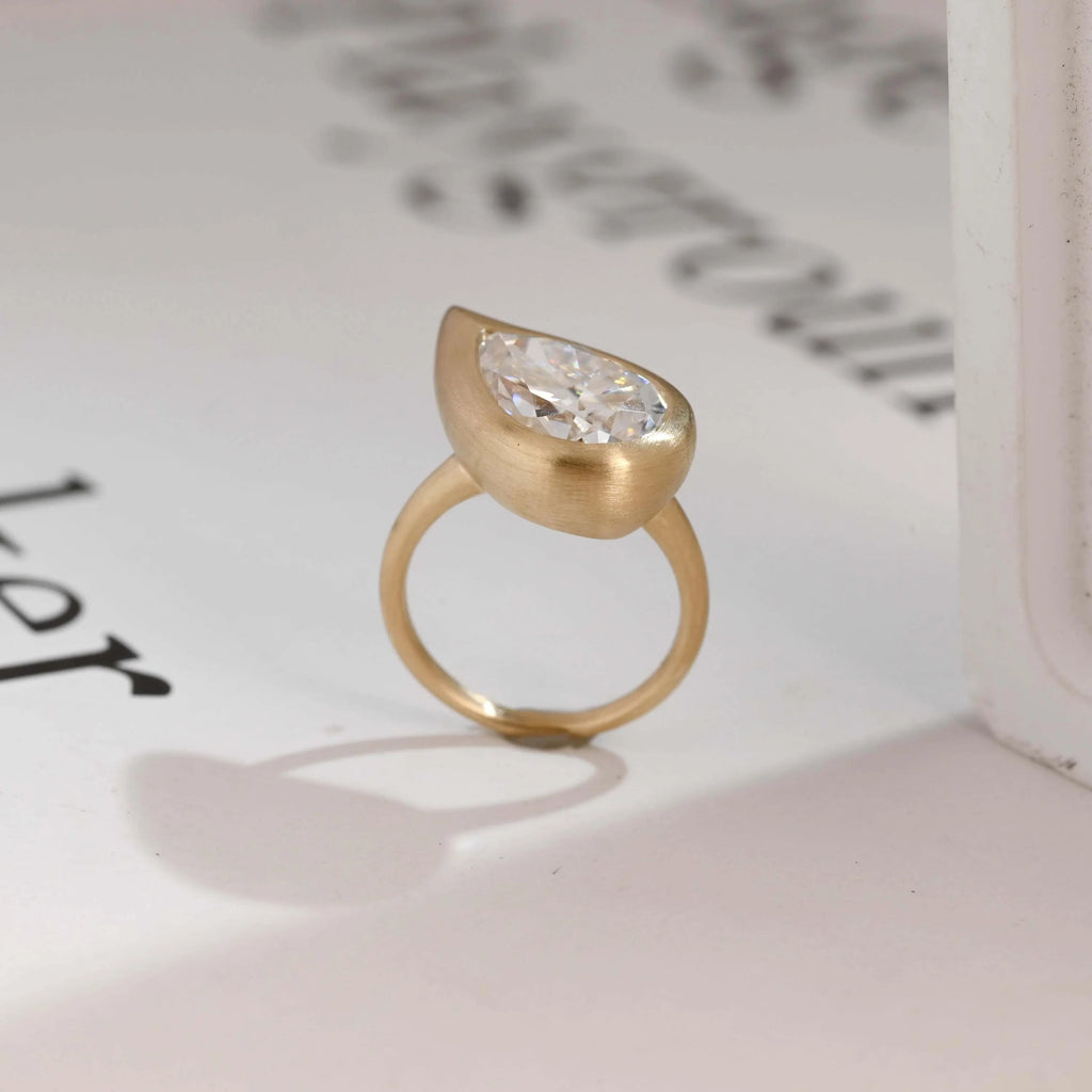 Solid Gold Pear Moissanite Engagement Ring, Bezel Set Brushed Finish