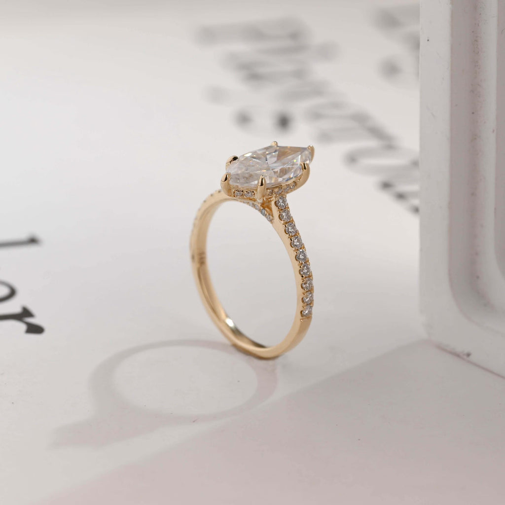 Solid Gold Marquise Marquise Moissanite Ring, Cathedral Half Eternity Ring