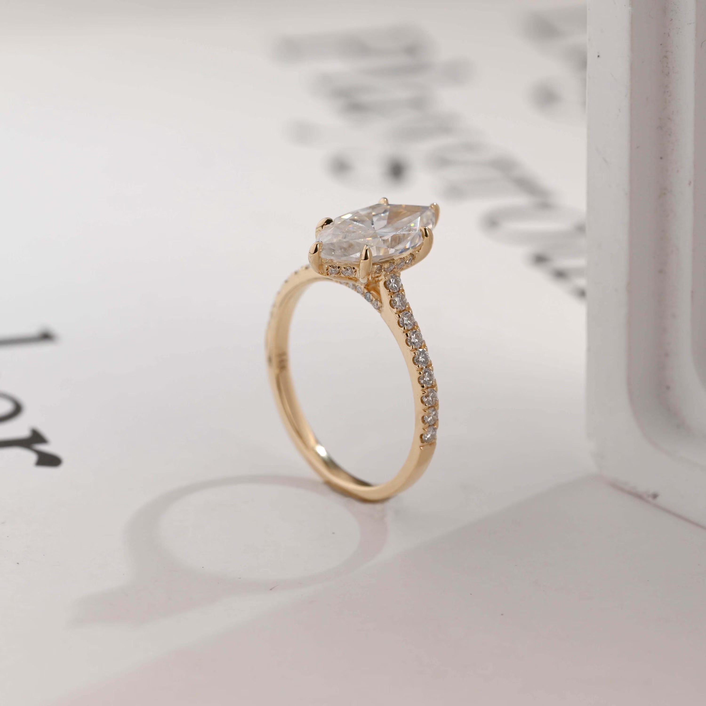 Solid Gold Marquise Marquise Moissanite Ring, Cathedral Half Eternity Ring