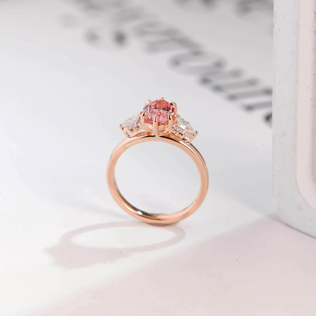 Solid Gold Oval Cut Pink Lab Grown Sapphire Engagement Ring, Three Stone Ring