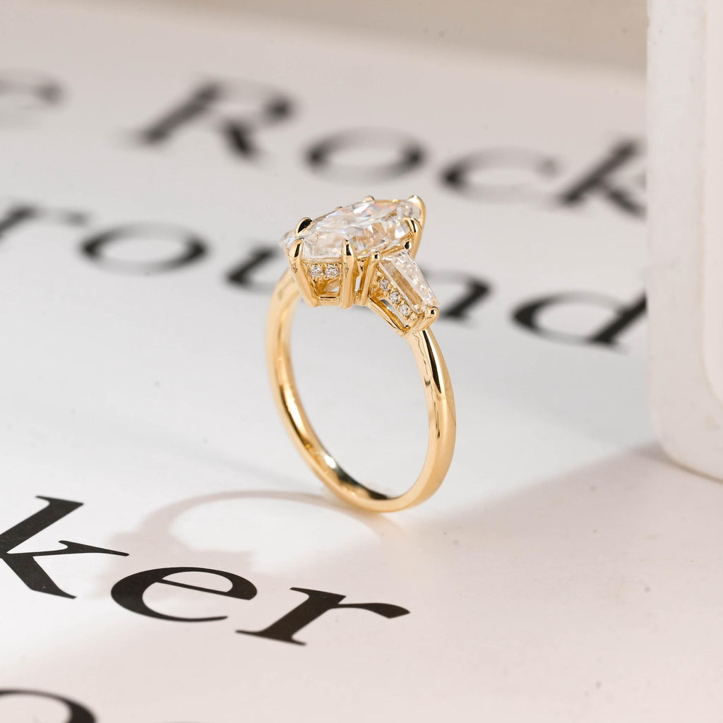 Solid Gold Three Stone Ring, Marquise Moissanite Engagement Ring