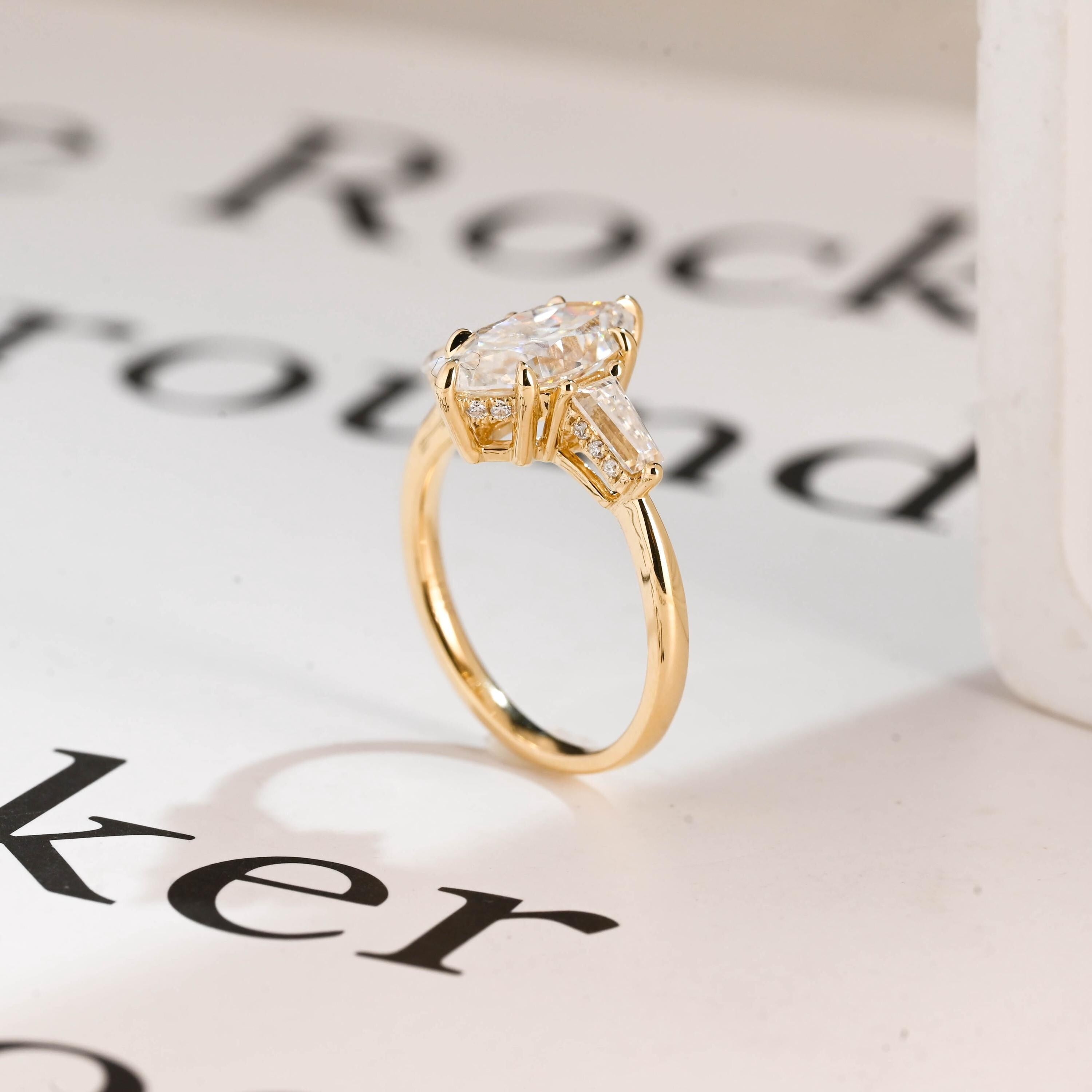 Solid Gold Three Stone Ring, Marquise Moissanite Engagement Ring