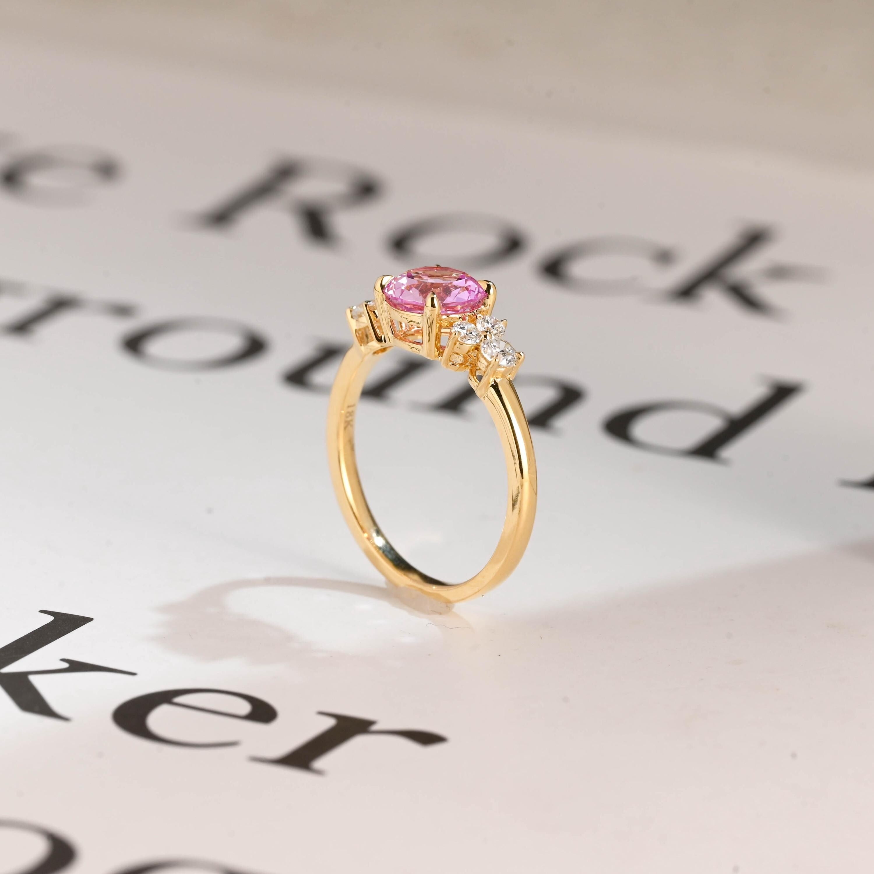 Solid Gold Cluster Round Cut Pink Moissanite Sapphire Engagement Ring Secondary image