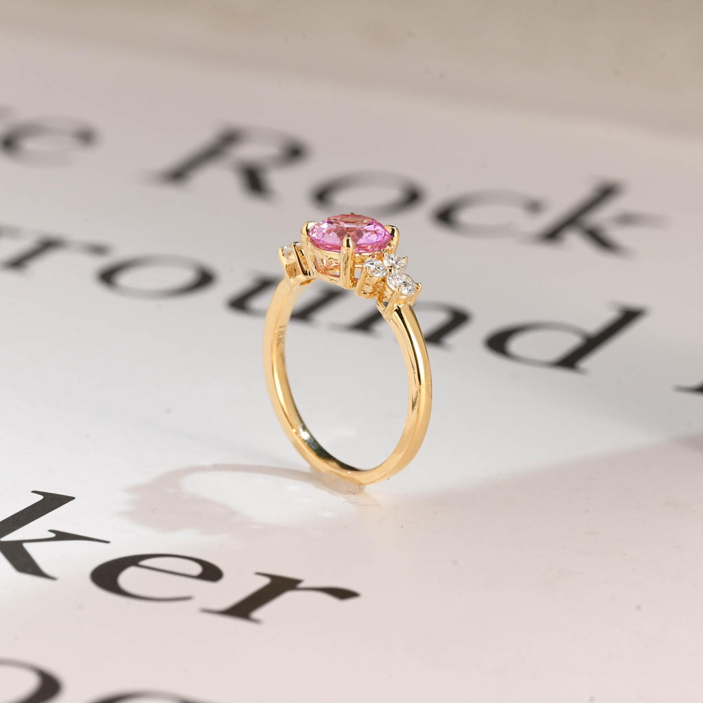 Solid Gold Cluster Round Cut Pink Moissanite Sapphire Engagement Ring
