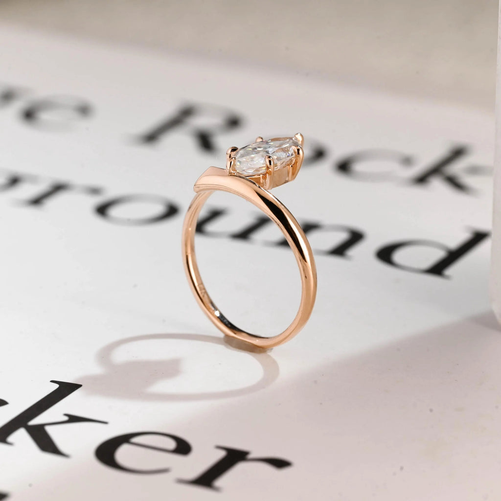 Solid Gold Marquise Cut Moissanite Engagement Ring, Open Shank Ring