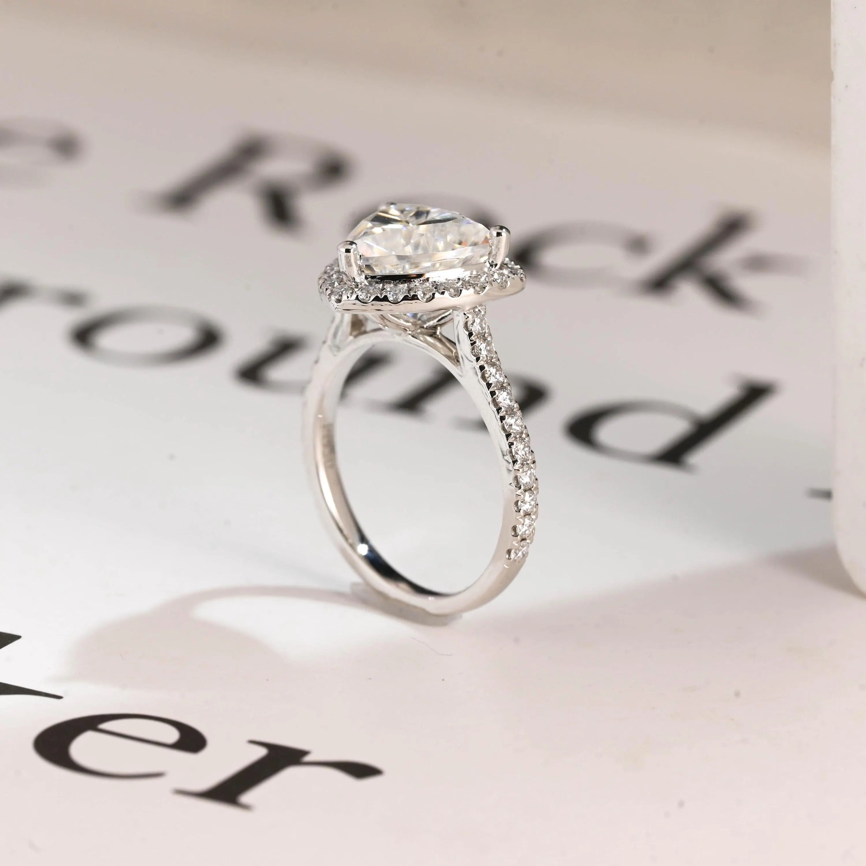 Solid Gold Trillion Cut Moissanite Engagement Ring, Halo Triangle Wedding Ring