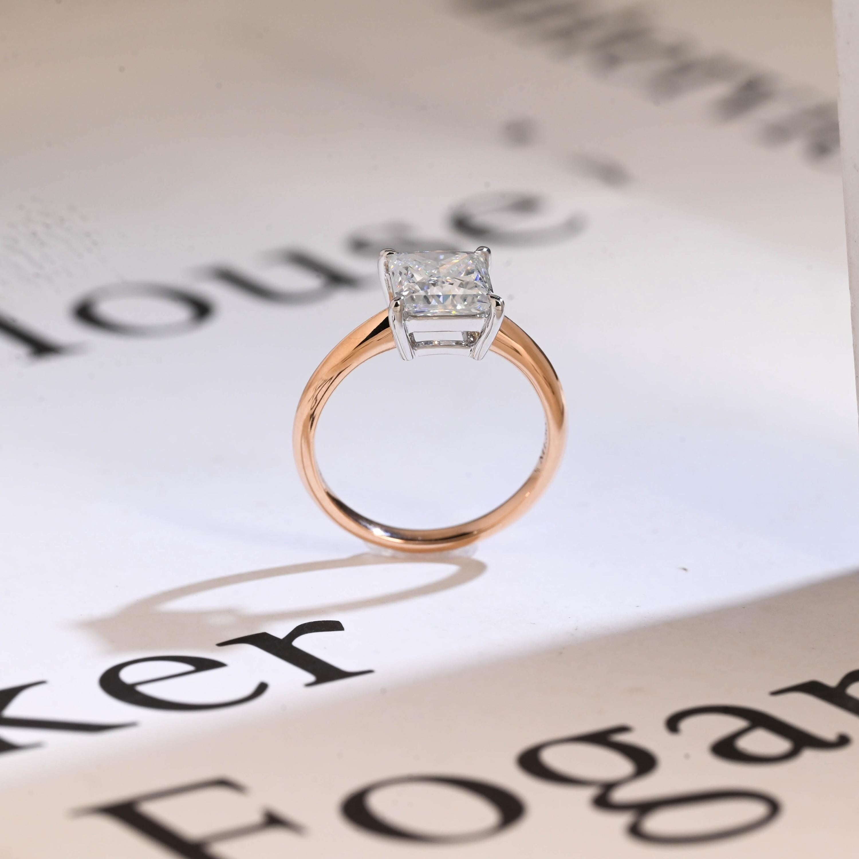 Solid Gold Two Tone Princess Cut Moissanite Engagement Ring, Proposal Ring