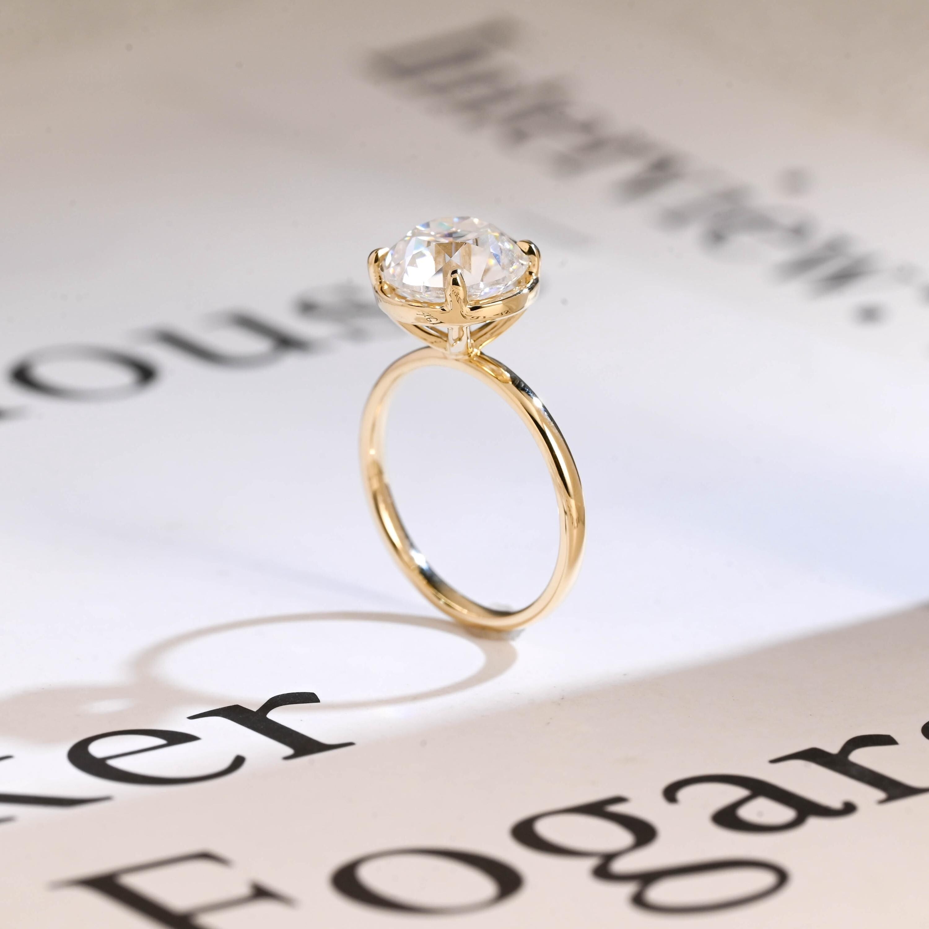 Old Mine Round Cut Moissanite Engagement Ring, Solid Gold Proposal Ring
