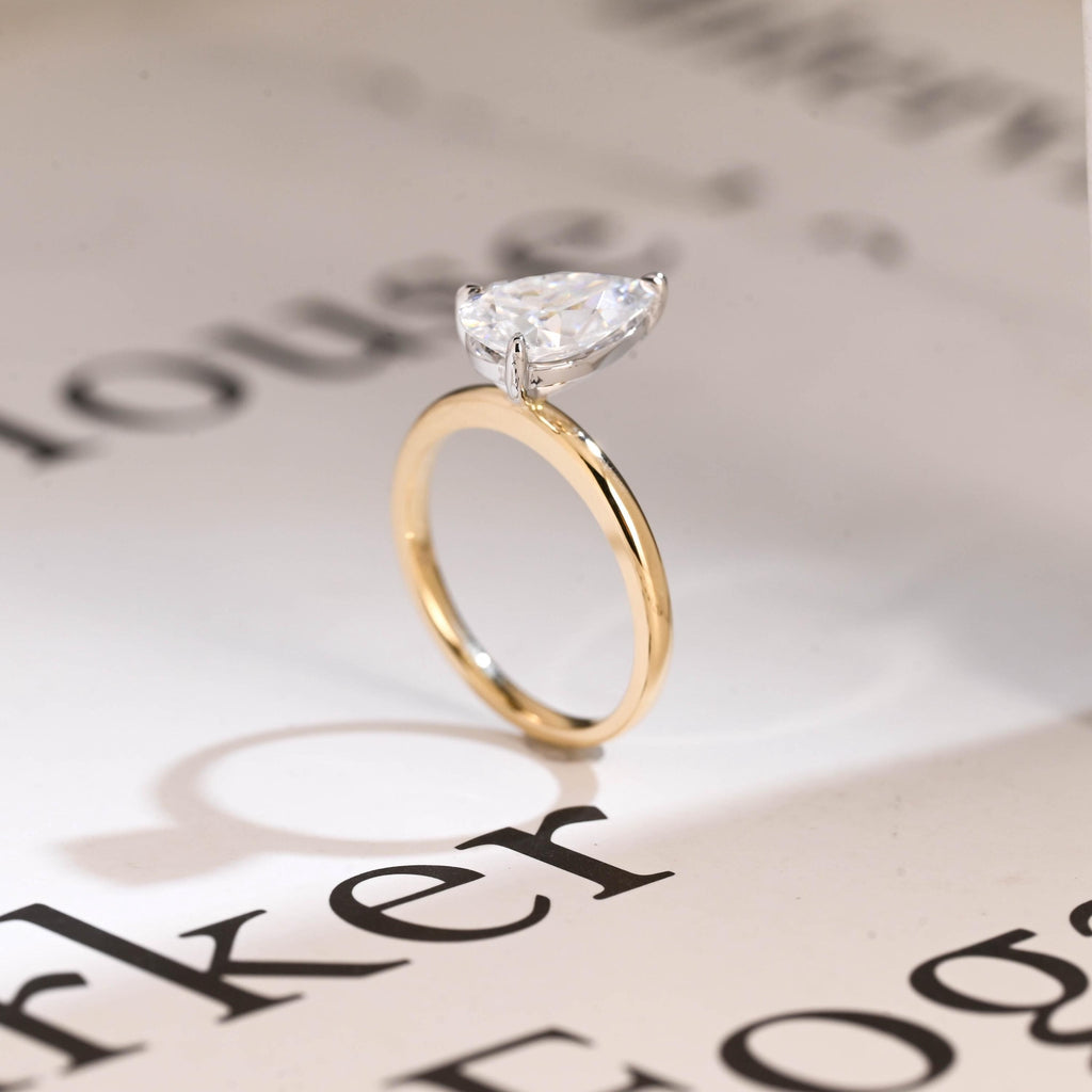 Solid Gold Two Tone Pear Cut Moissanite Engagement Ring, Unique Anniversary Ring