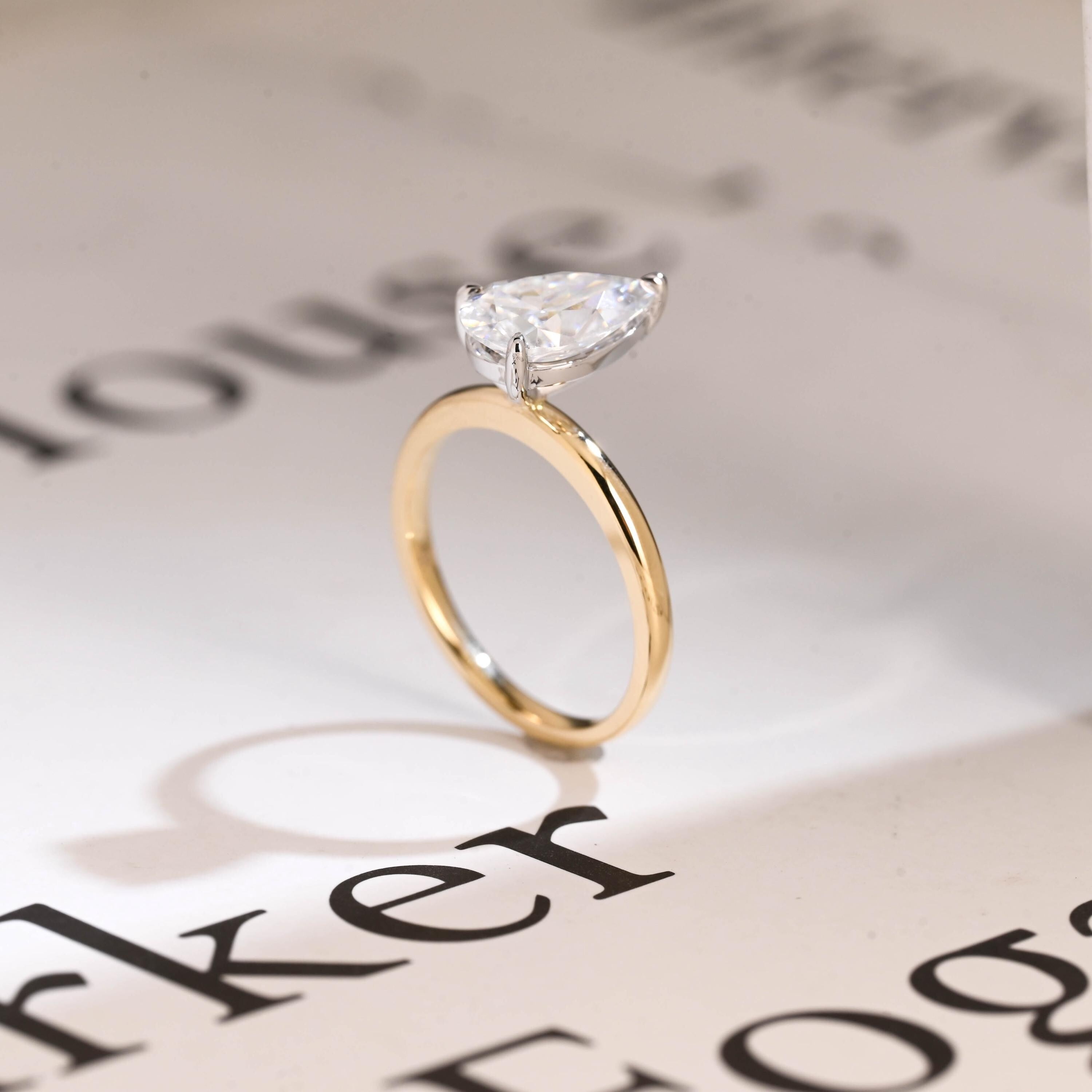 Solid Gold Two Tone Pear Cut Moissanite Engagement Ring, Unique Anniversary Ring