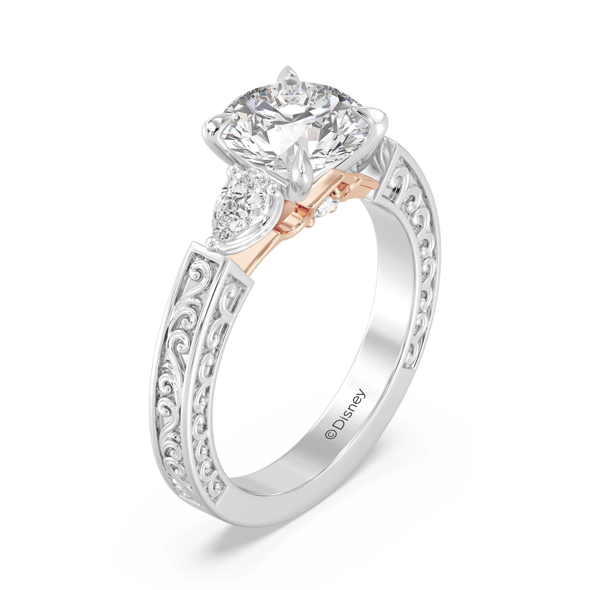 Enchanted Star Diamond And Gold Disney Princess Aurora Vintage Filigree Three Stone Engagement Ring