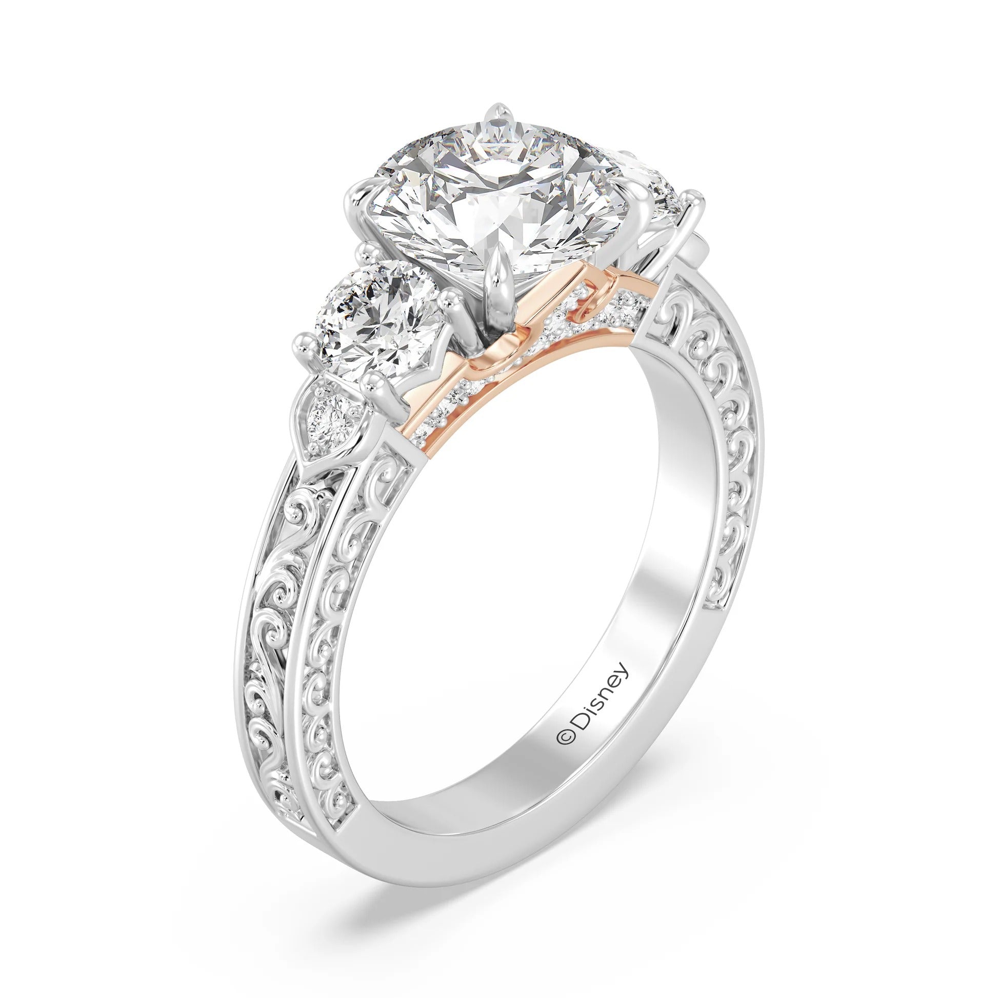 Enchanted Star Diamond And Disney Princess Aurora Vintage Round Three Stone Engagement Ring