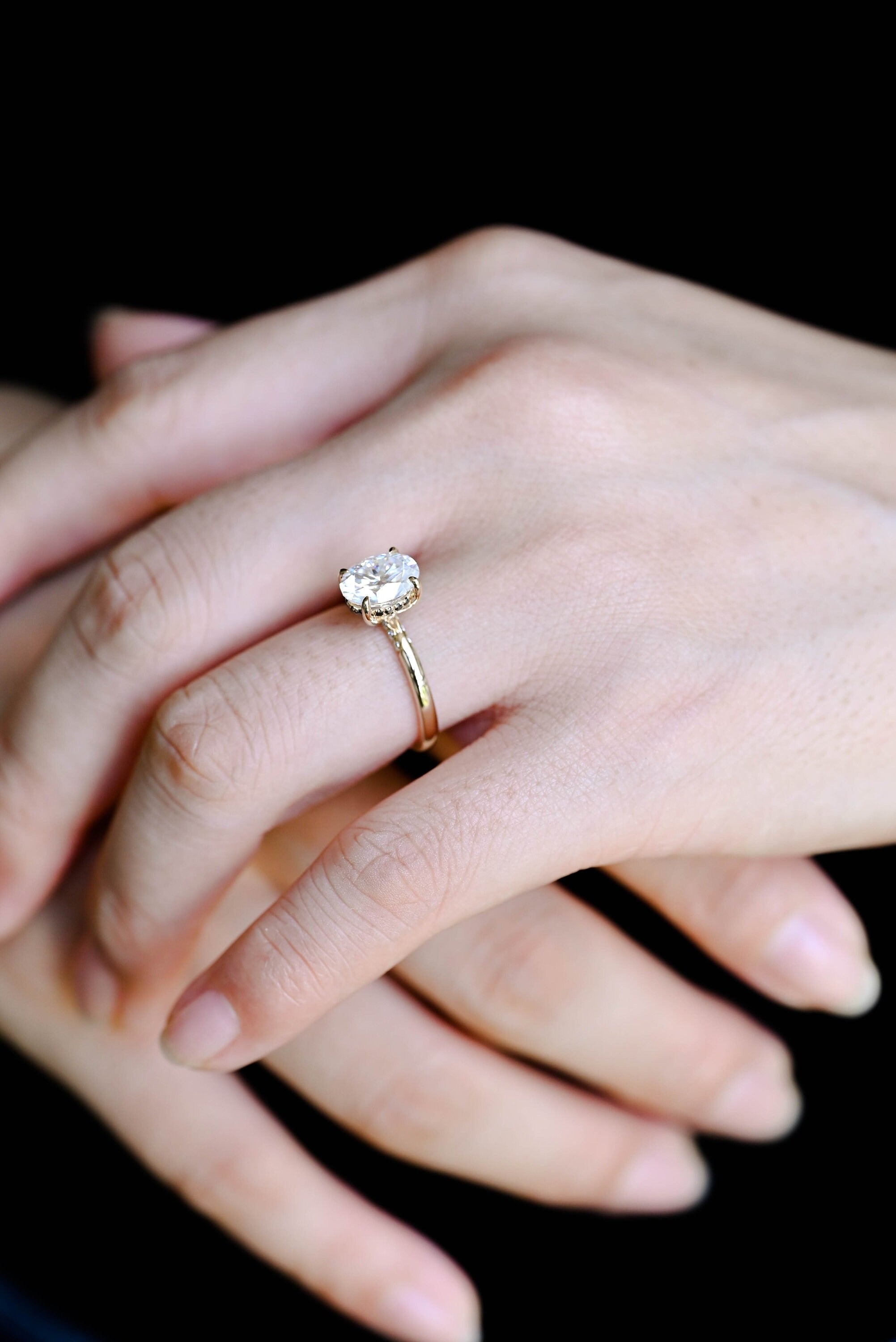 Solid Gold Oval Cut Moissanite Engagement Ring with Black Moissanite Hidden Halo
