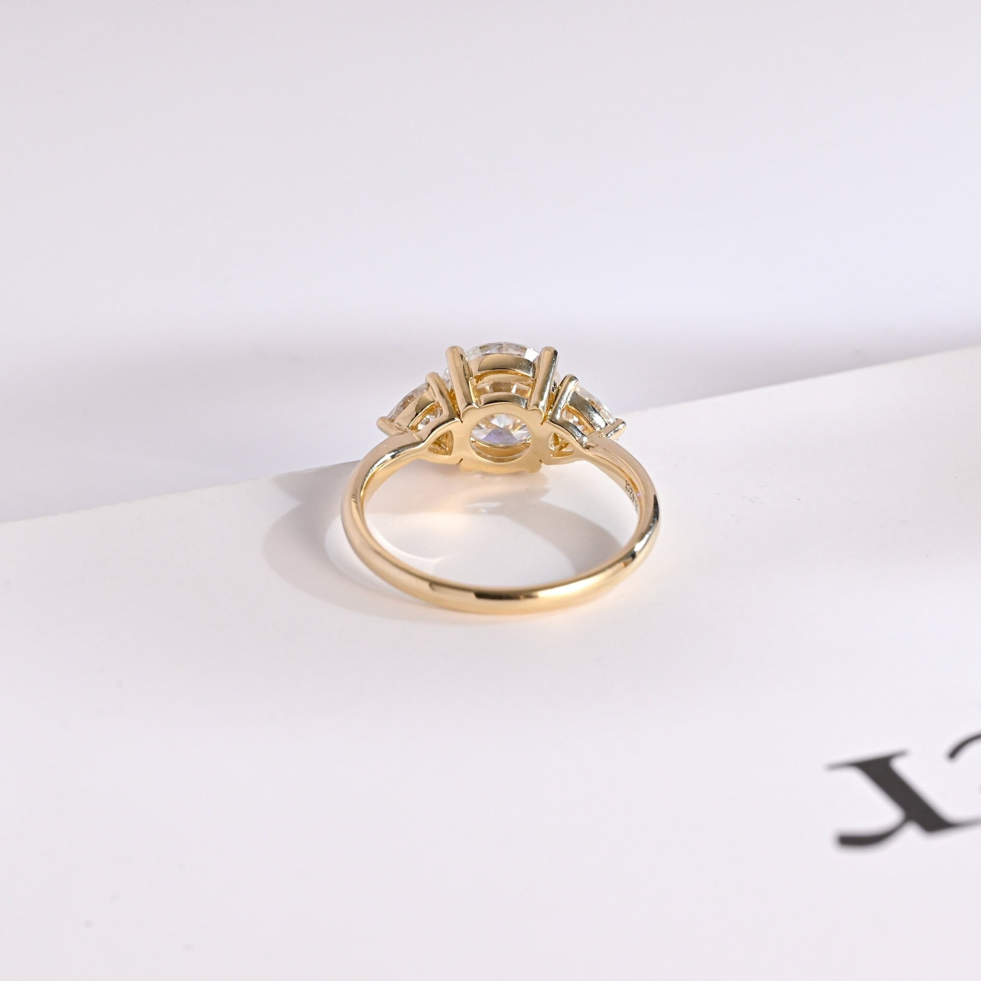Solid Gold Three Stone Round Cut Moissanite Engagement Ring with Trillion Accent