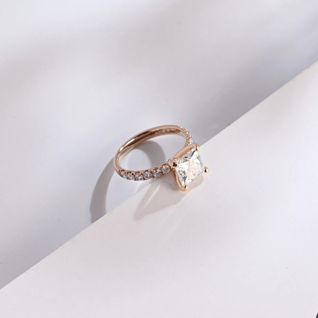 Solid Gold Princess Cut Moissanite Engagement Ring, Anniversary Gift for Her