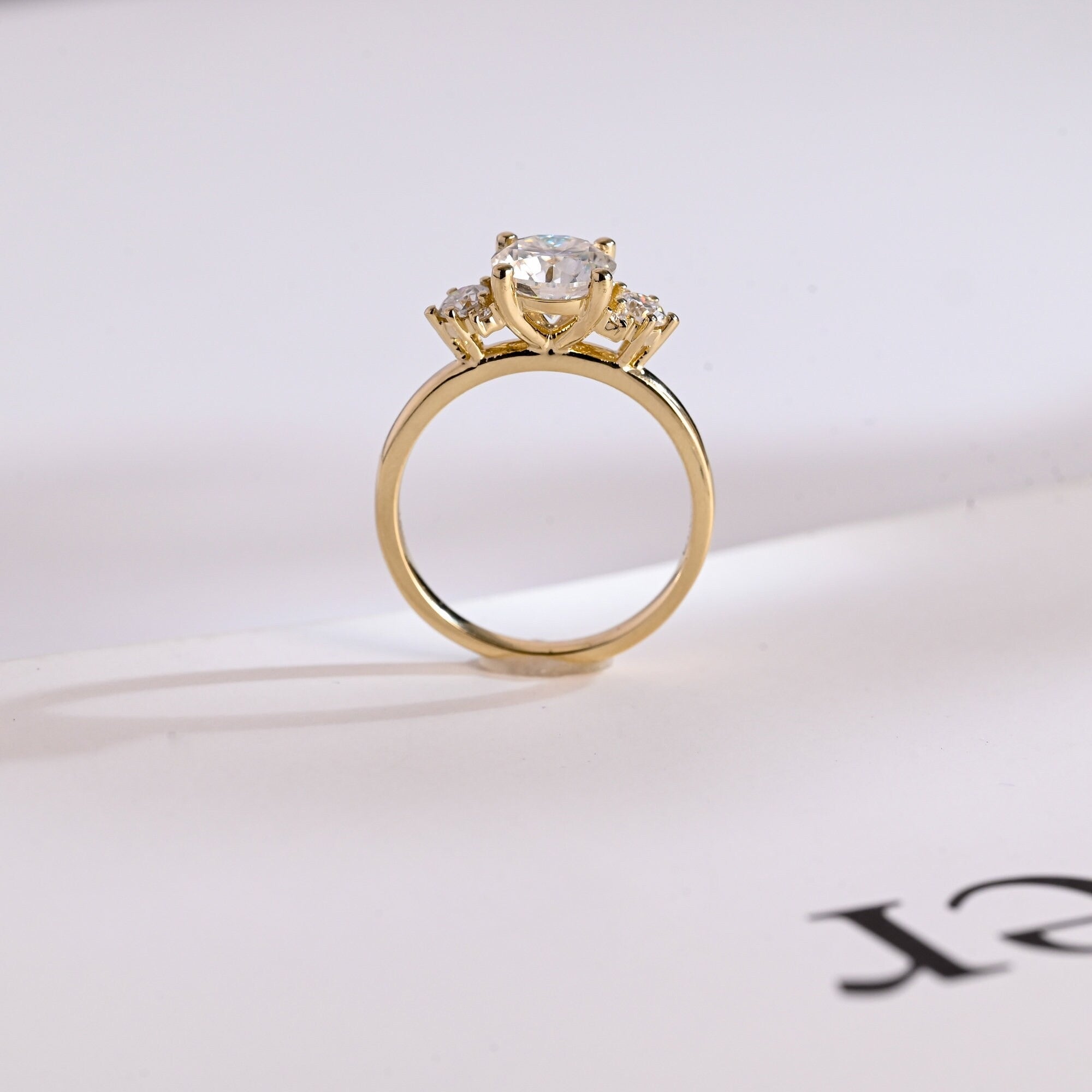 Solid Gold Three Stone Ring, Round Cut Moissanite Engagement Ring Secondary image
