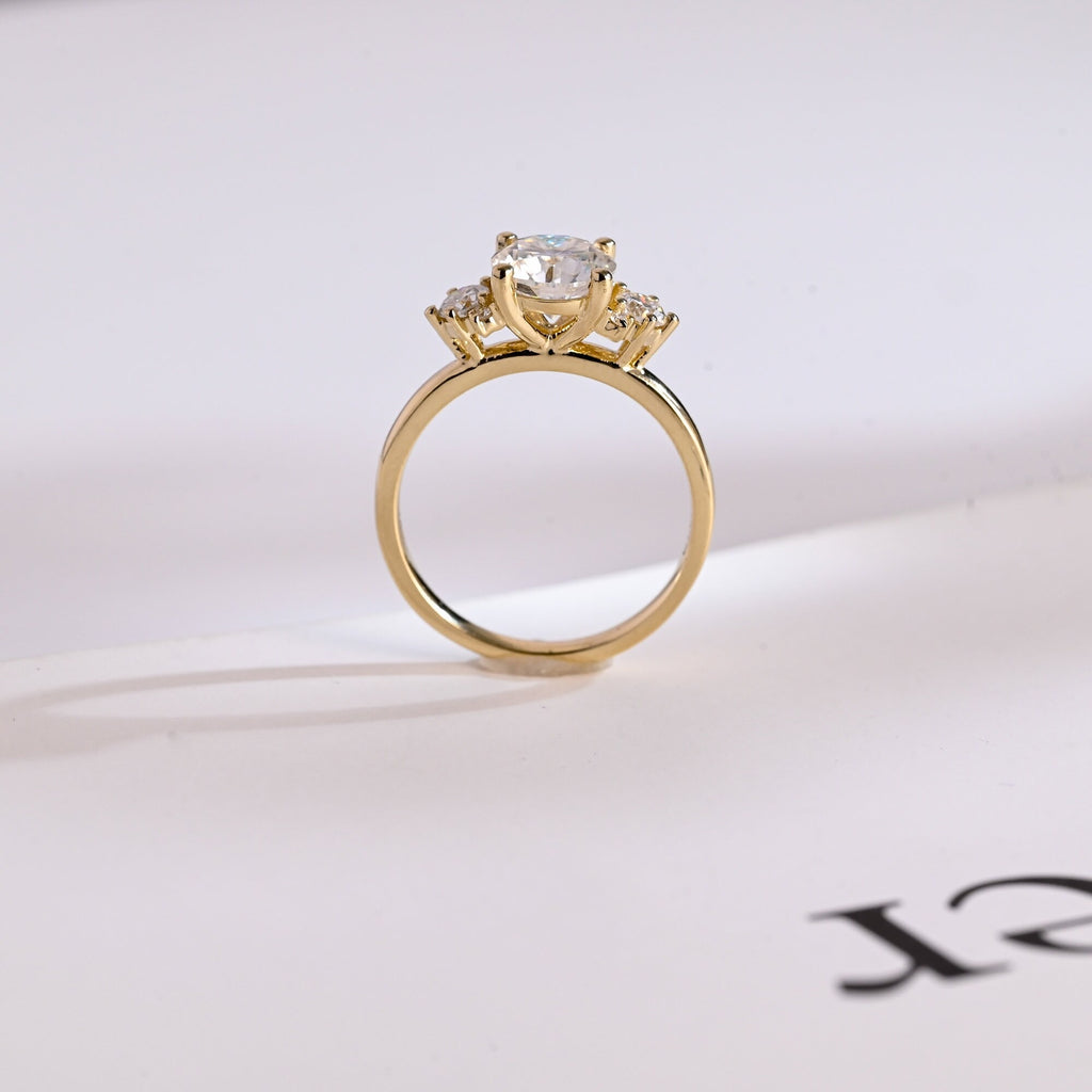 Solid Gold Three Stone Ring, Round Cut Moissanite Engagement Ring