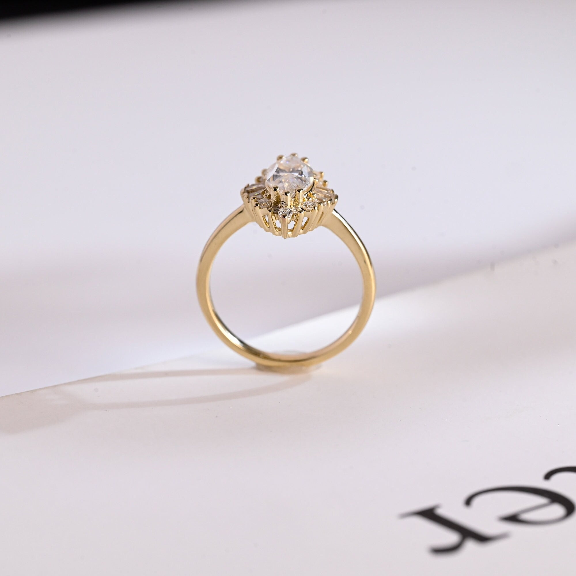 Solid Gold Marquise Cut Halo Moissanite Engagement Ring, Bridal Ring for Women
