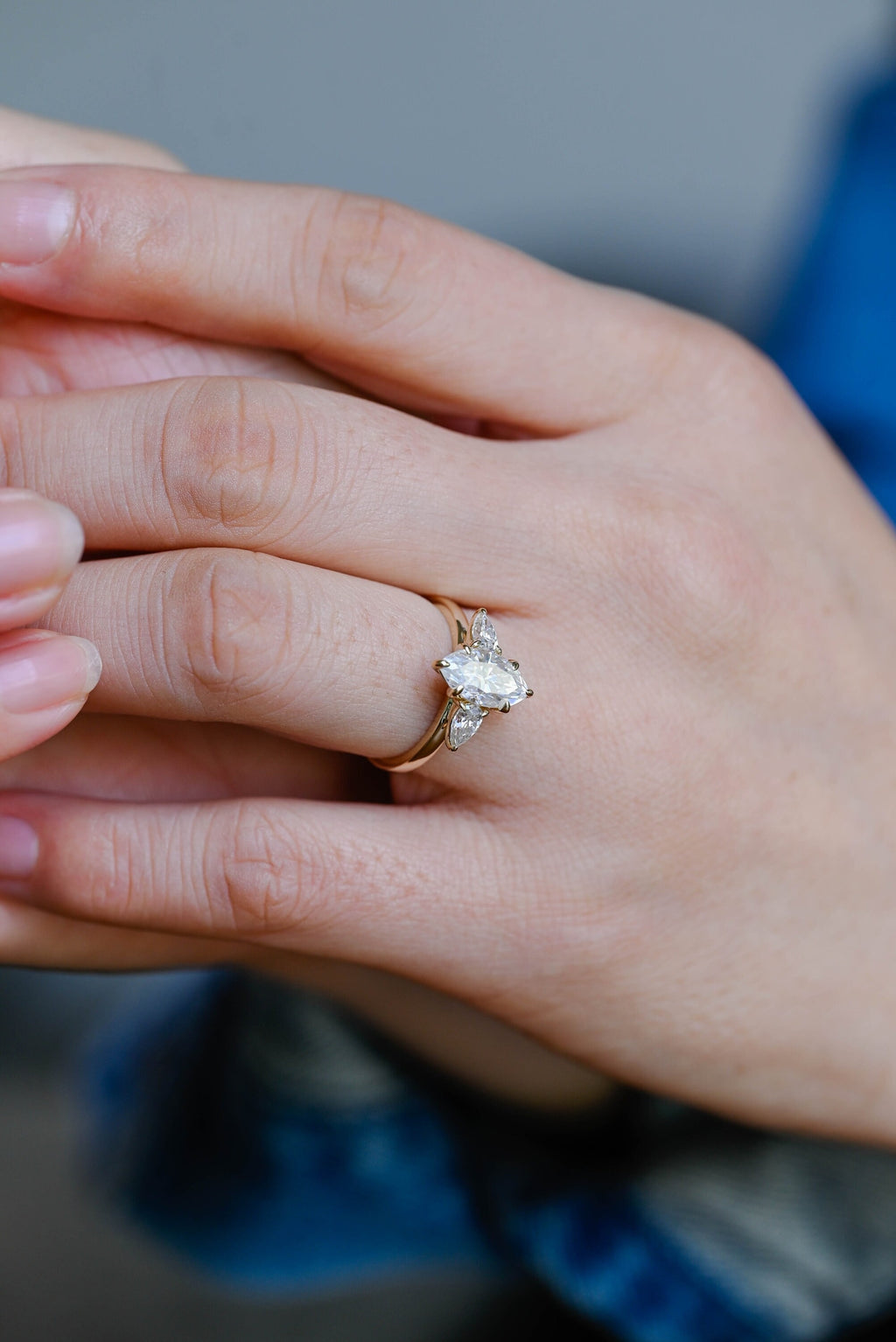 Solid Gold Marquise Cut Moissanite Engagement Ring, Three Stone Ring