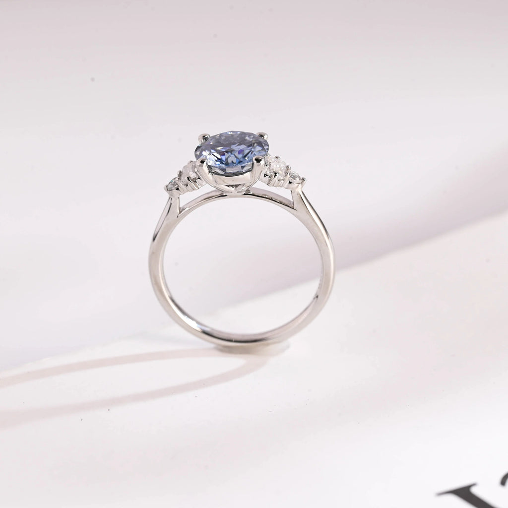 Solid Gold Light Blue Round Cut Moissanite Engagement Ring, Anniversary Gift for Her