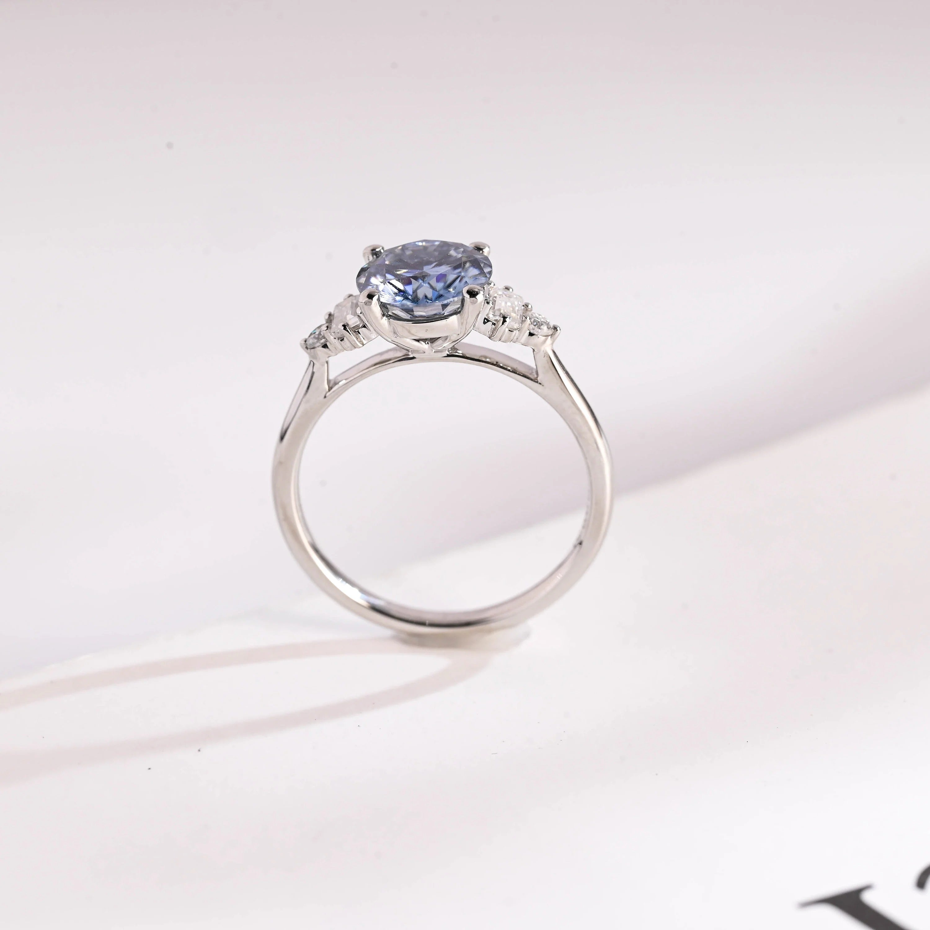 Solid Gold Light Blue Round Cut Moissanite Engagement Ring, Anniversary Gift for Her
