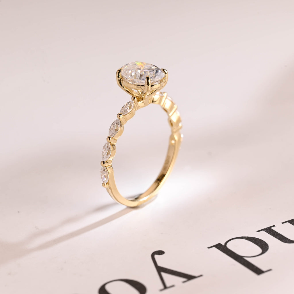 Solid Gold Oval Moissanite Engagement Ring with Marquise Moissanite Accent