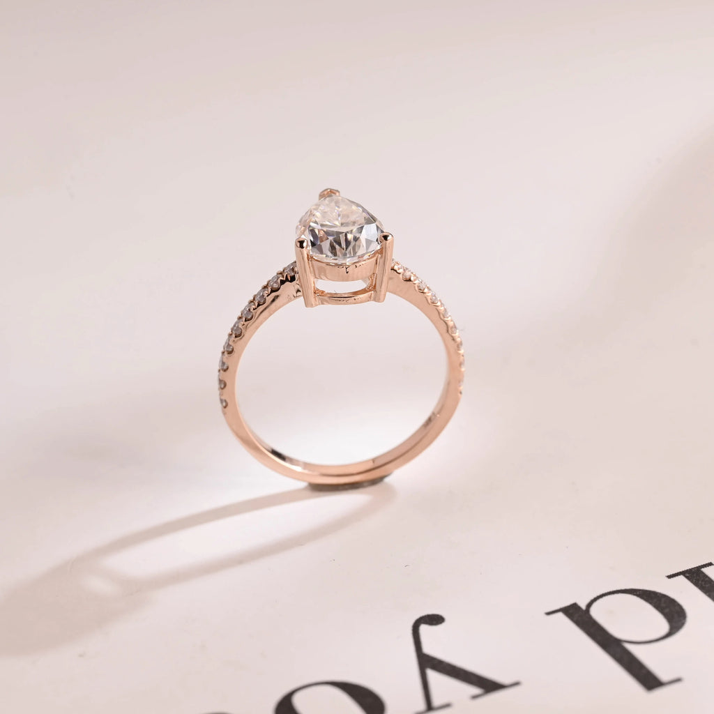 Solid Gold Pear Cut Moissanite Engagement Ring, Half Pave Proposal Ring