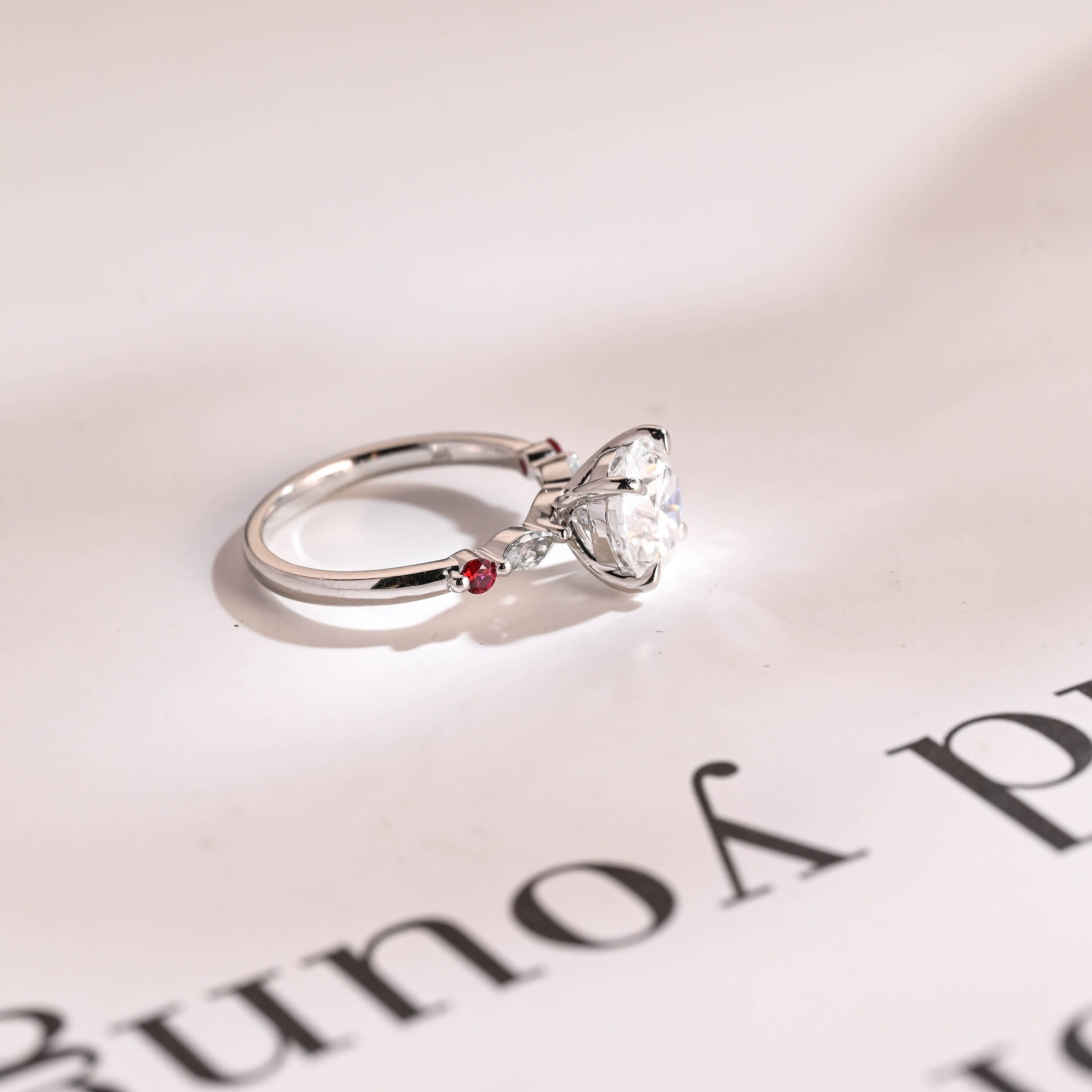 Solid Gold Round Moissanite Engagement Ring, Aquamarine & Ruby Side Stone Ring