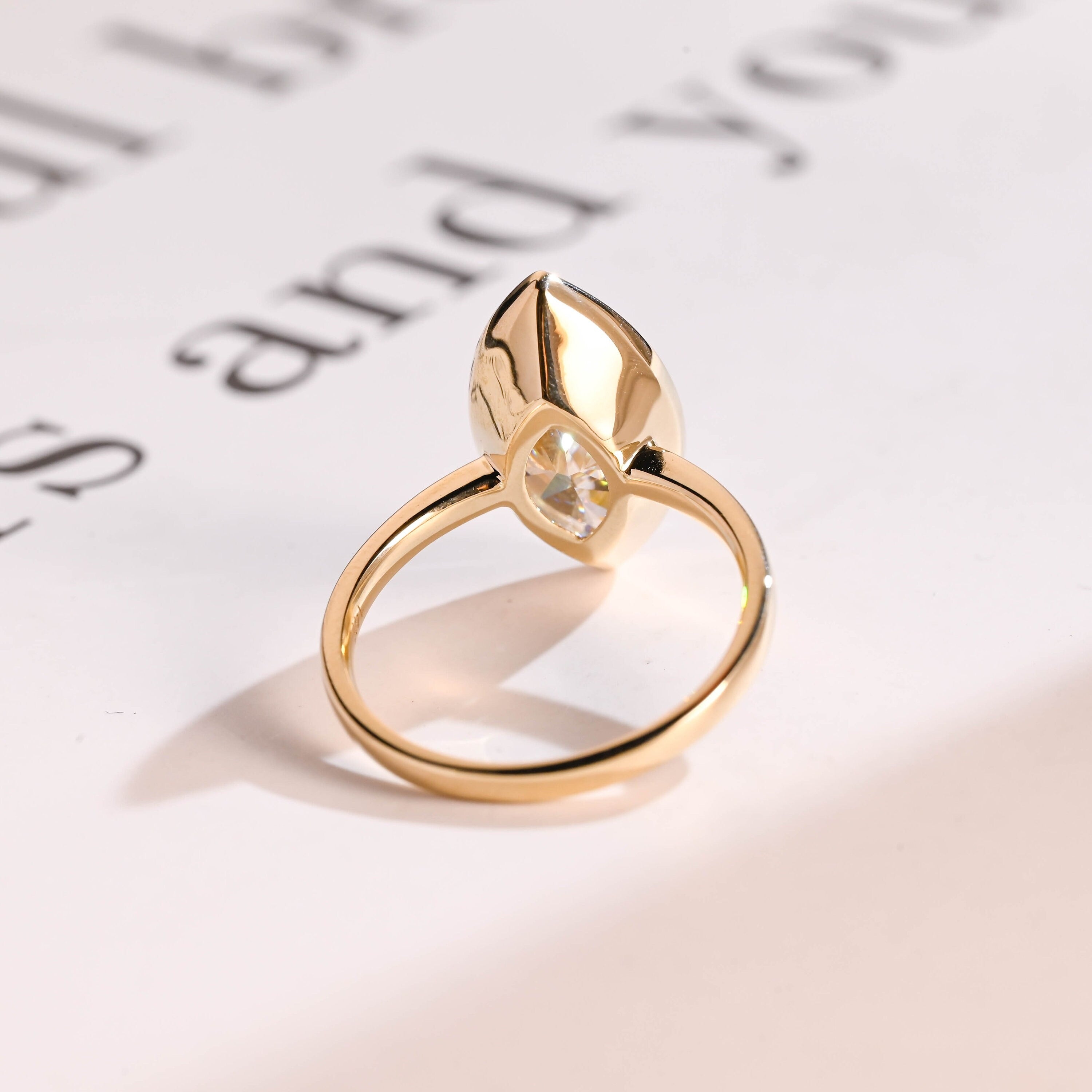 Solid Gold Marquise Moissanite Engagement Ring, Vintage Bezel Ring