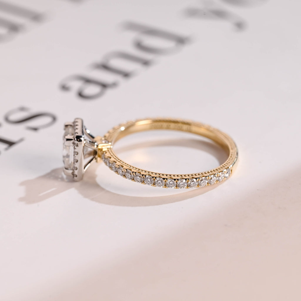 Solid Gold Two Tone Princess Moissanite Engagement Ring, Halo Bridal Ring