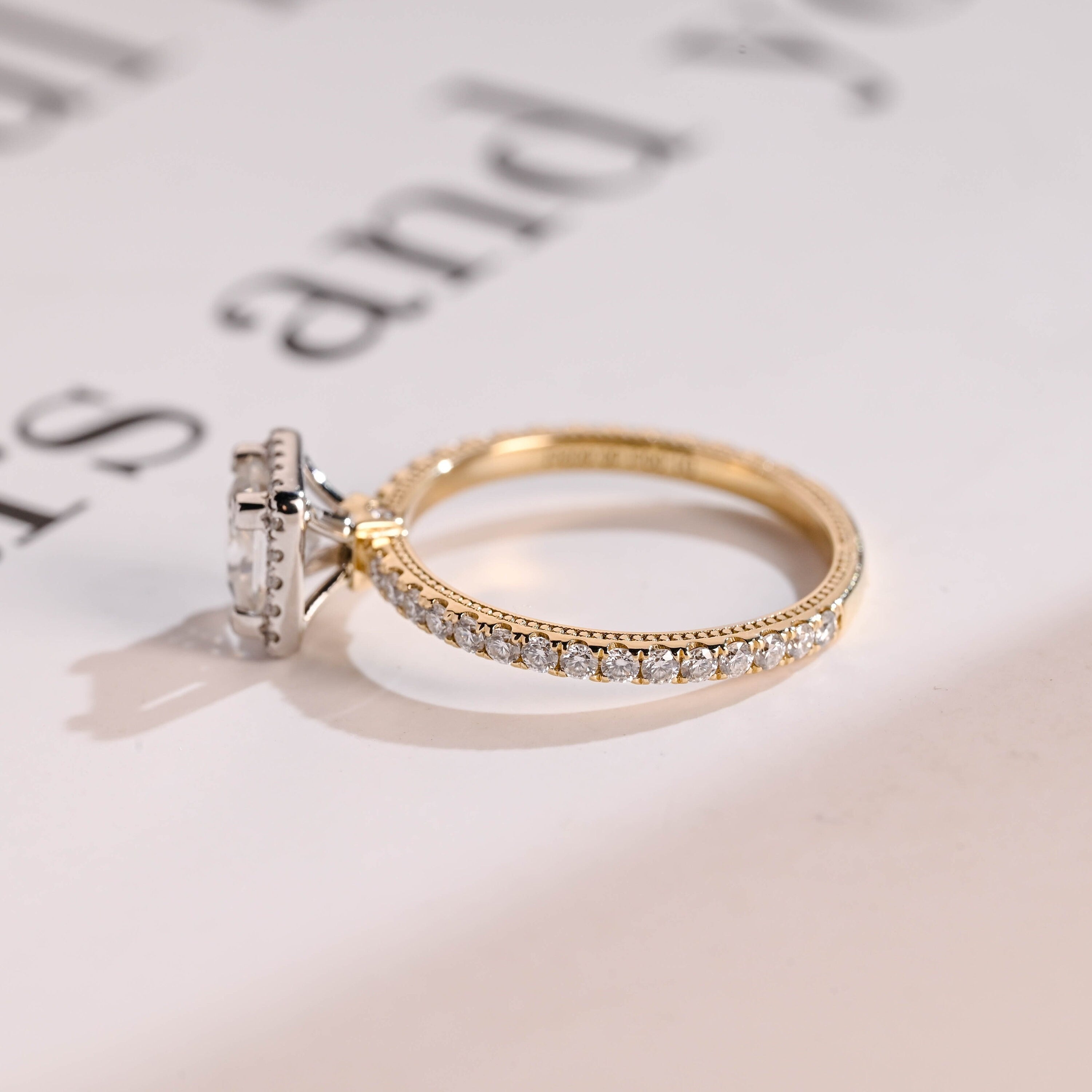 Solid Gold Two Tone Princess Moissanite Engagement Ring, Halo Bridal Ring
