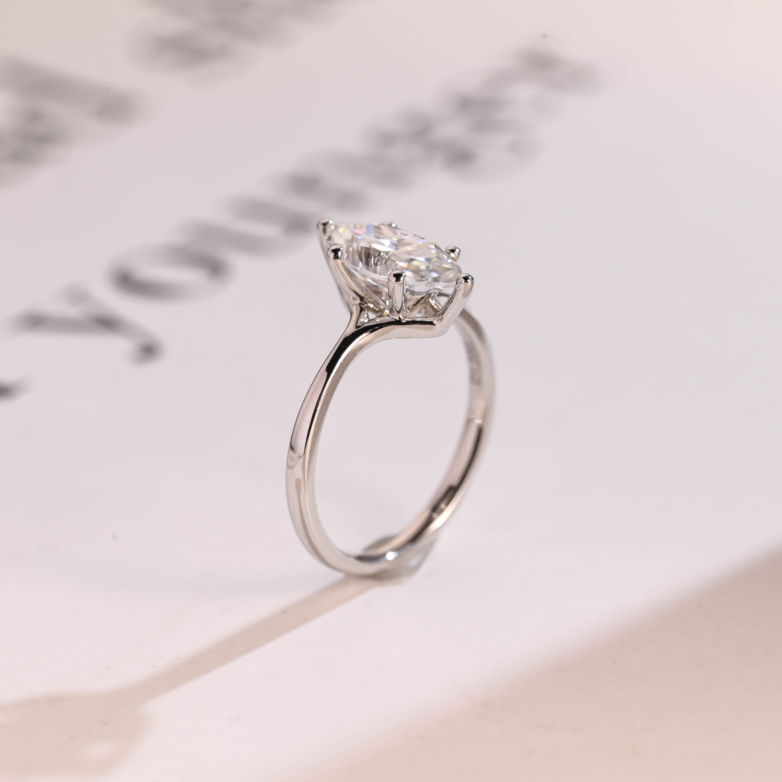 Solid Gold Marquise Cut Moissanite Engagement Ring, Promise Ring