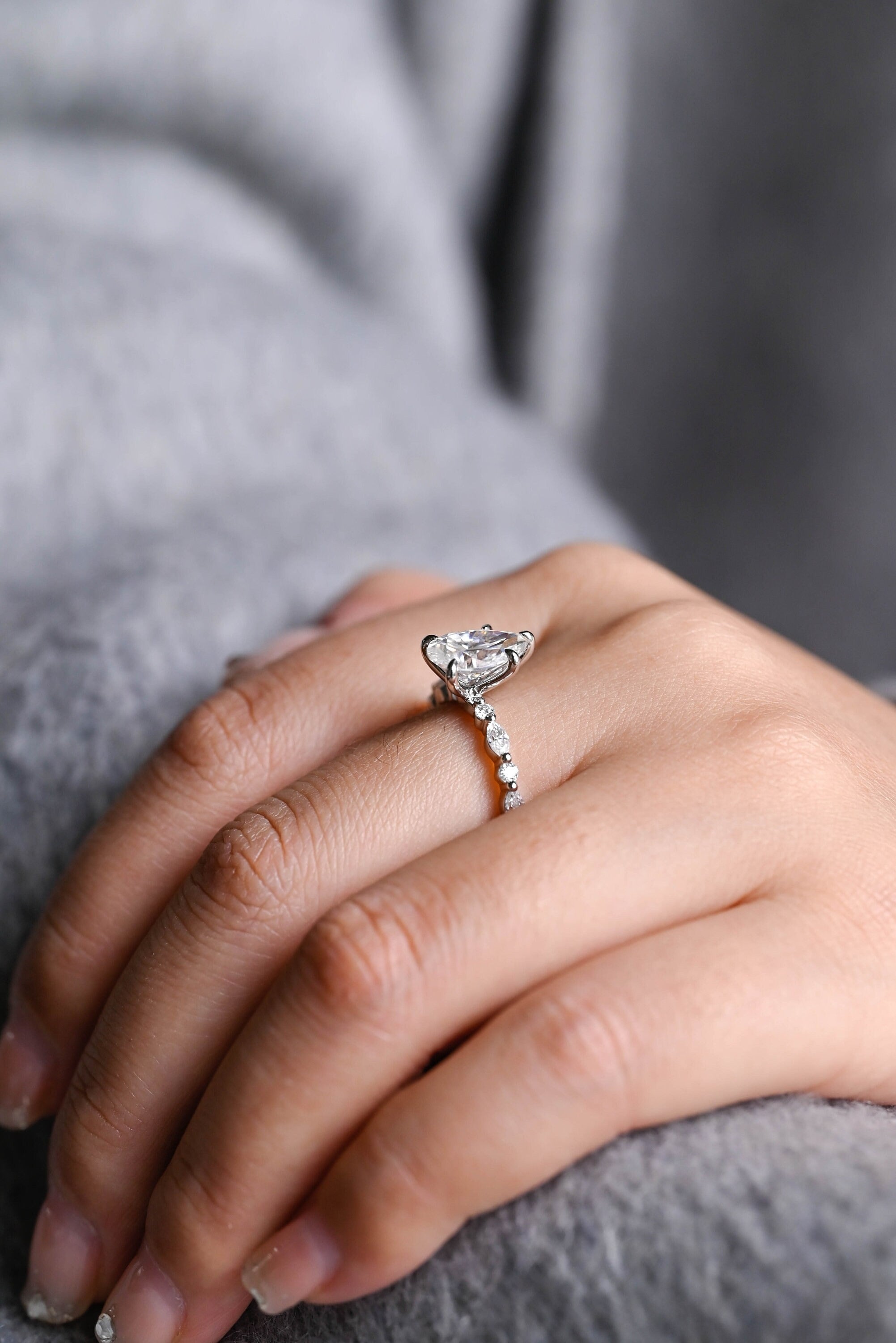 Solid Gold Pear Cut Moissanite Engagement Ring, Half Pave Proposal Ring