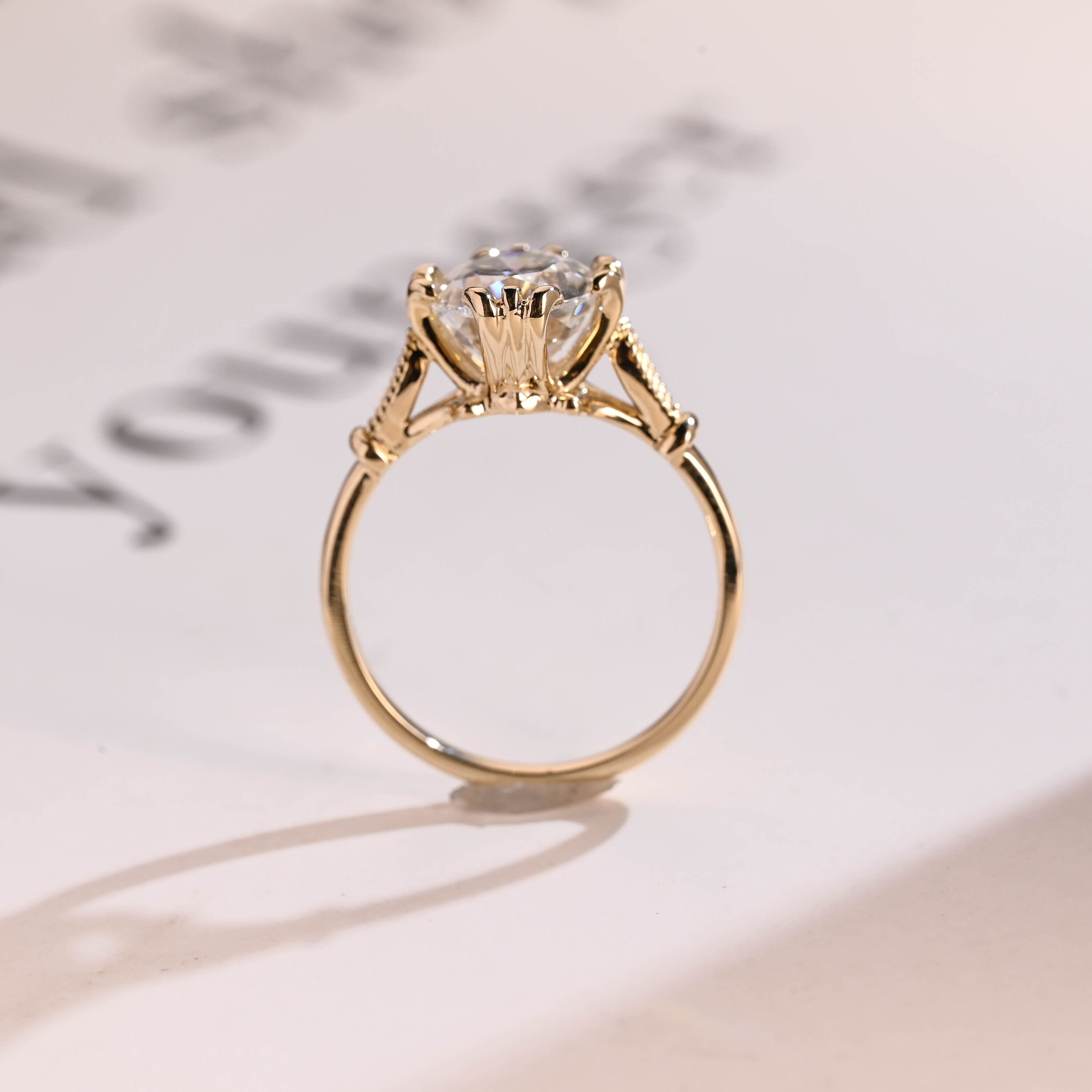 Solid Gold Oval Moissanite Engagement Ring, Filigree Wedding Ring
