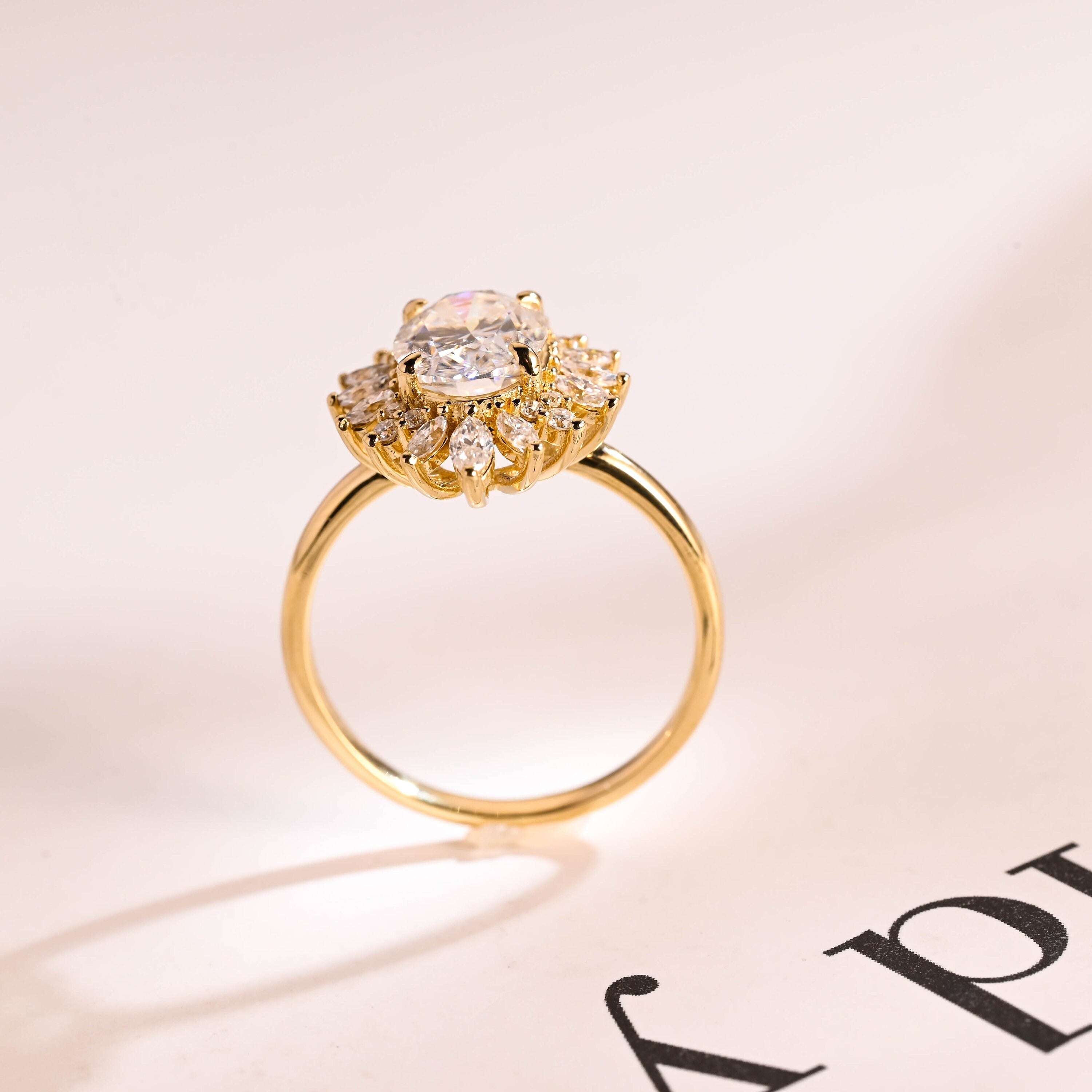 Solid Gold Oval Moissanite Engagement Ring, Floral Halo Proposal Ring