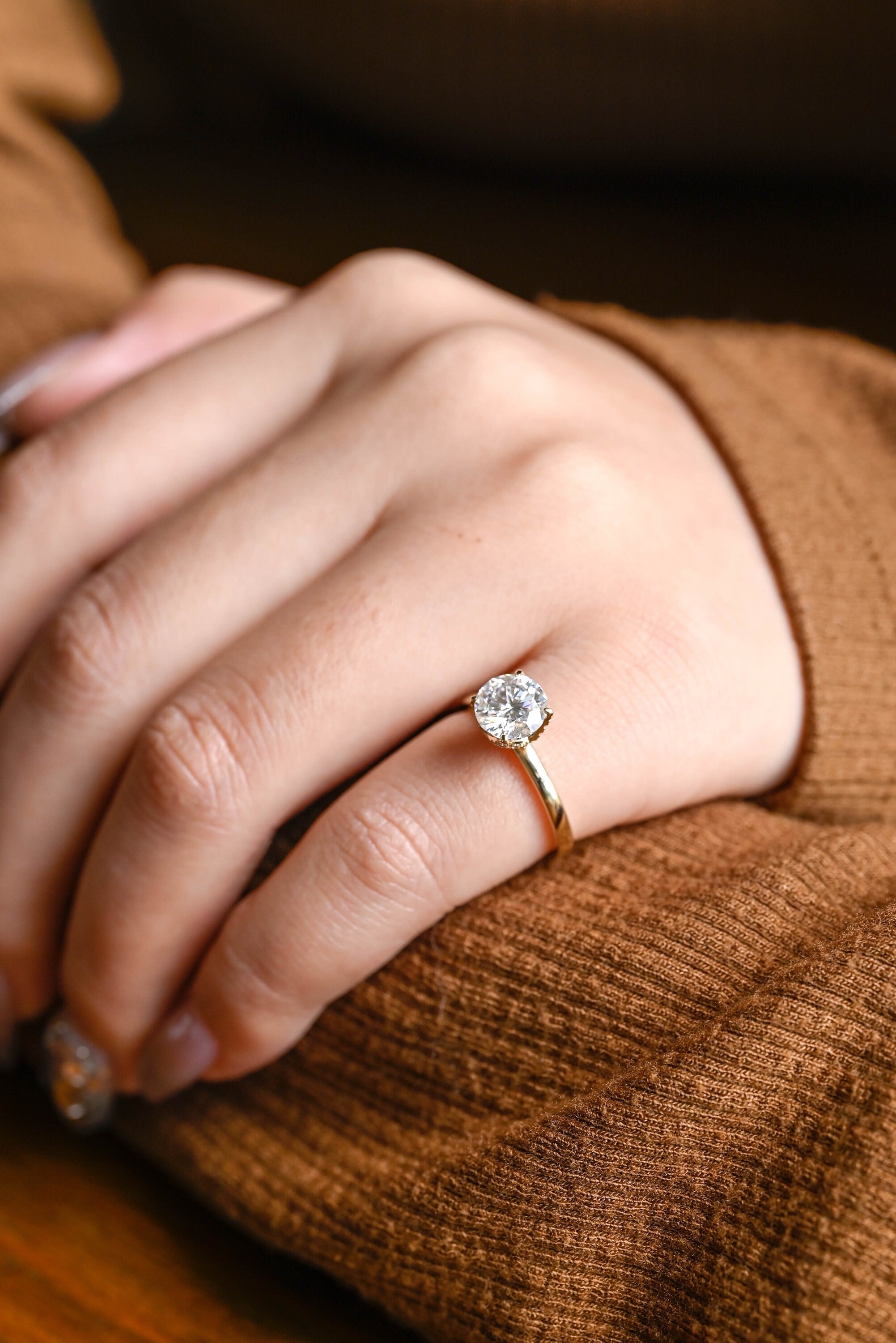 Solid Gold Tulip Floral Hidden Halo Round Moissanite Engagement Ring, Anniversary Gift for Her