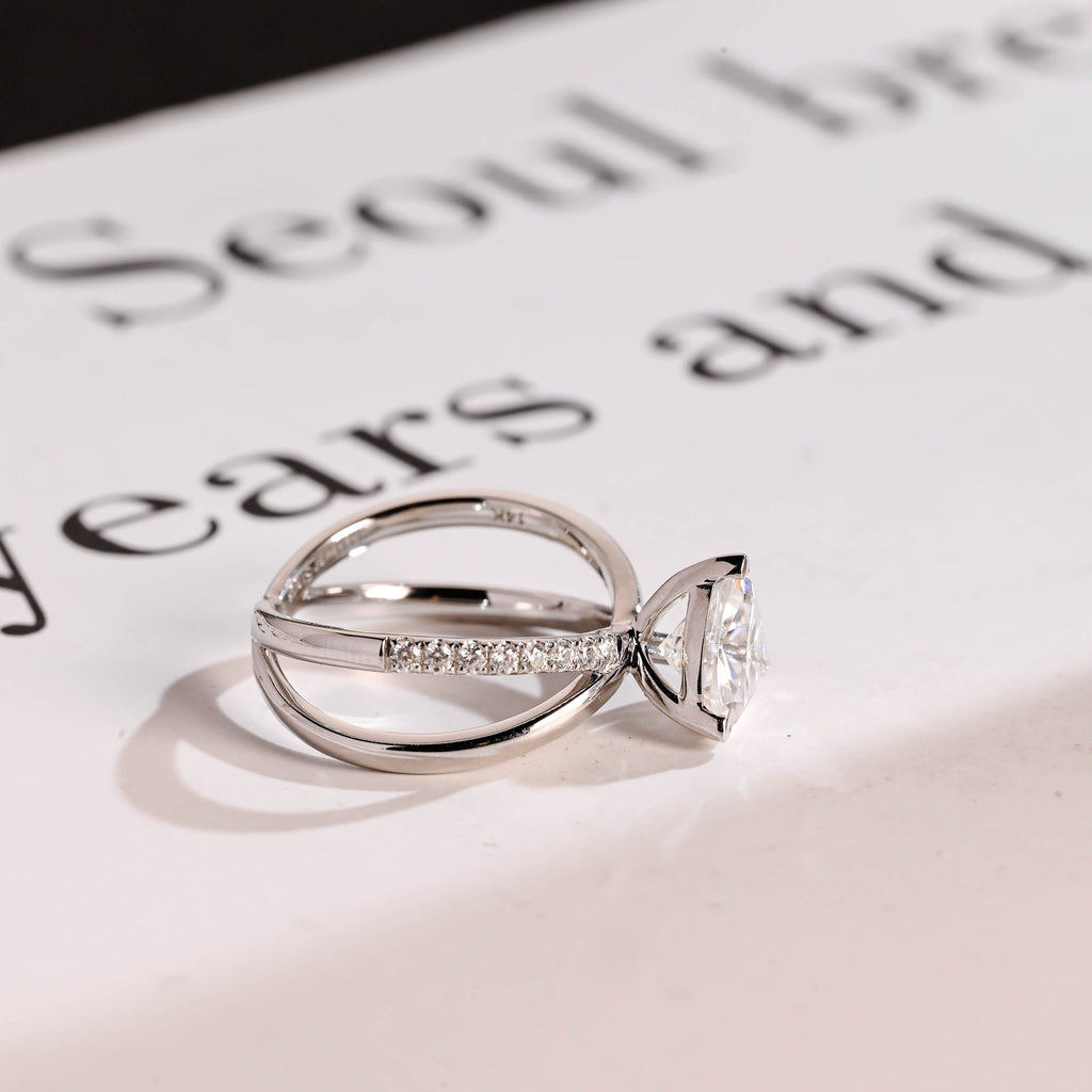 Solid Gold Trillion Cut Moissanite Engagement Ring, Double Band Open Shank Twisted Ring