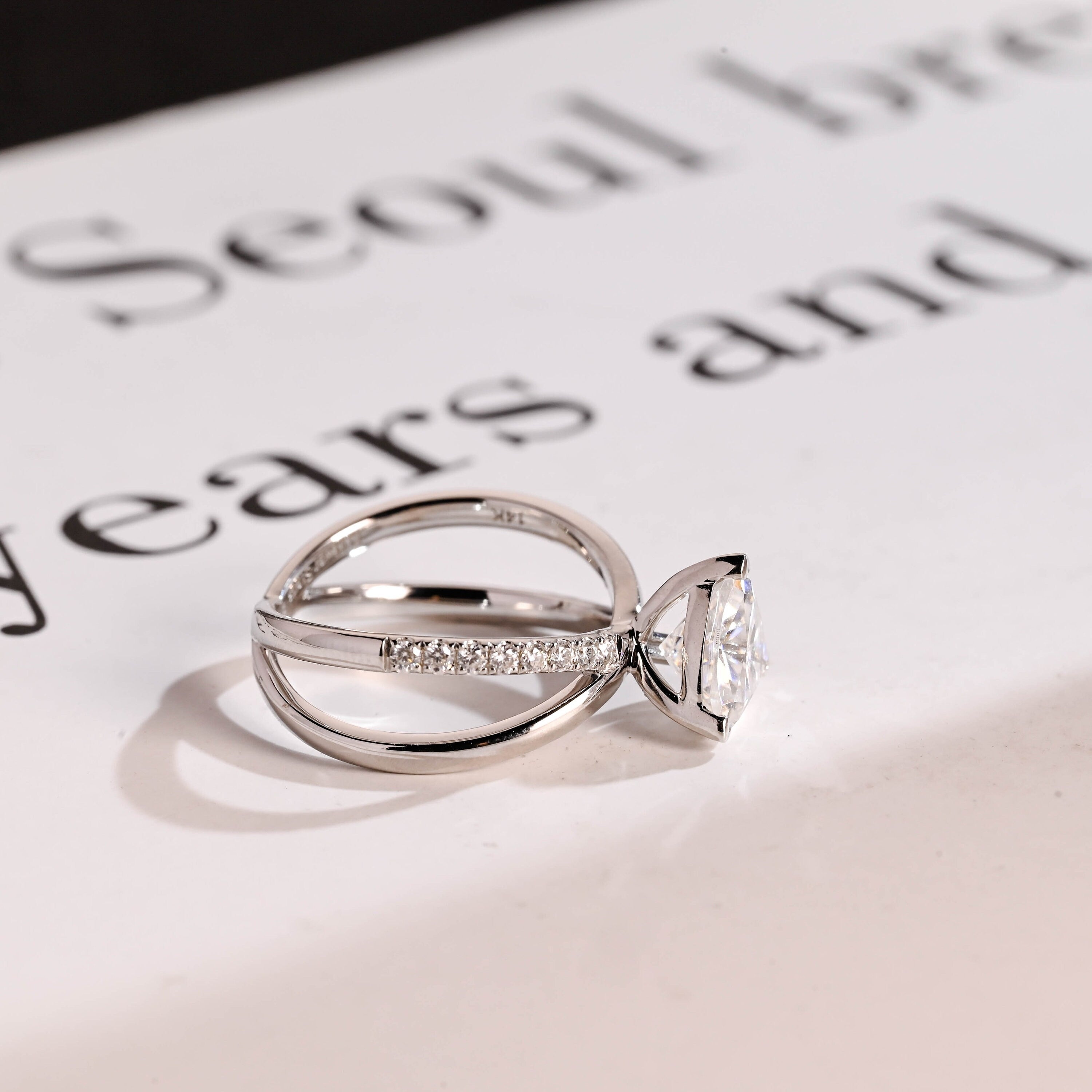 Solid Gold Trillion Cut Moissanite Engagement Ring, Double Band Open Shank Twisted Ring