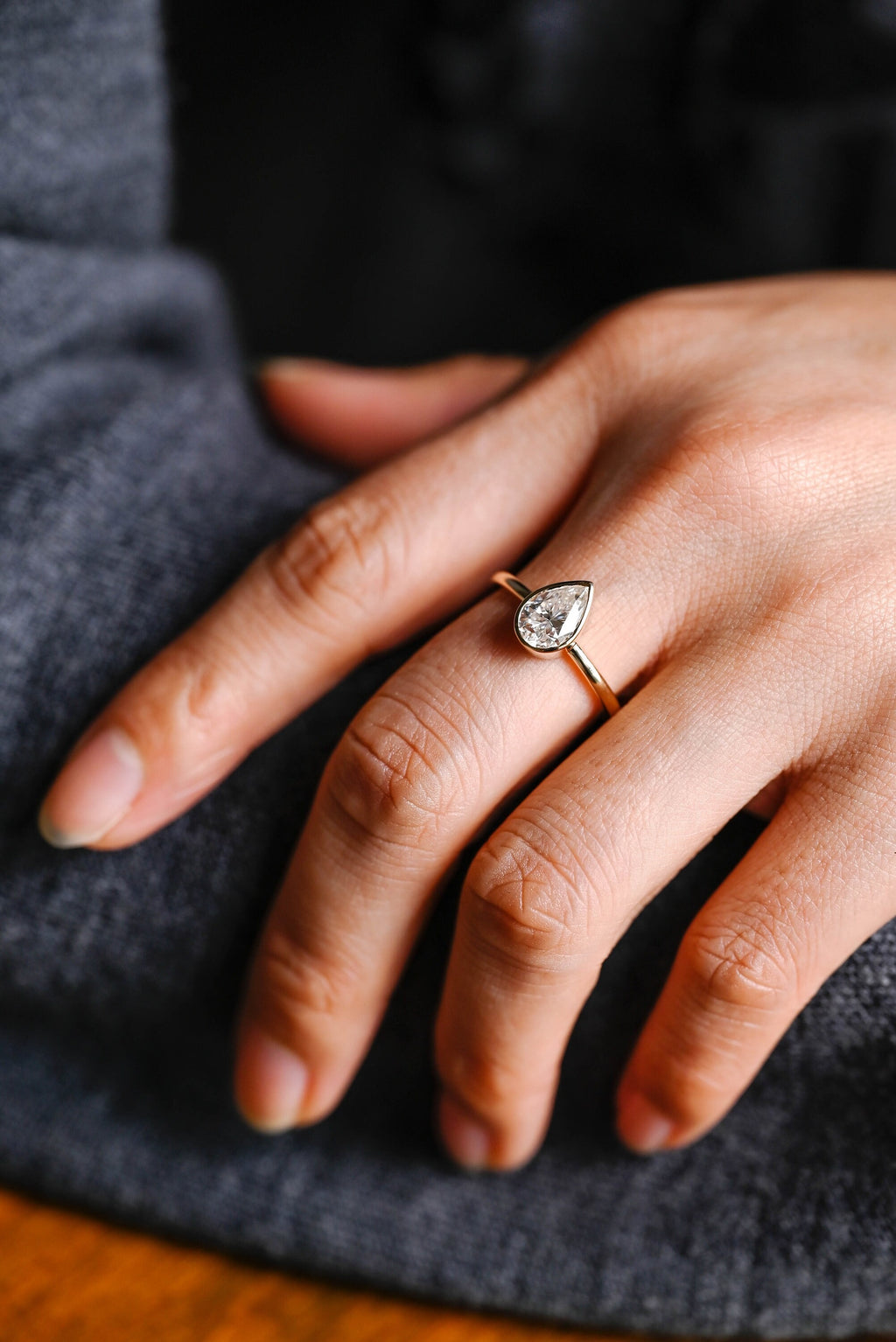 Solid Gold Pear Moissanite Engagement Ring with Bezel, Dainty Ring