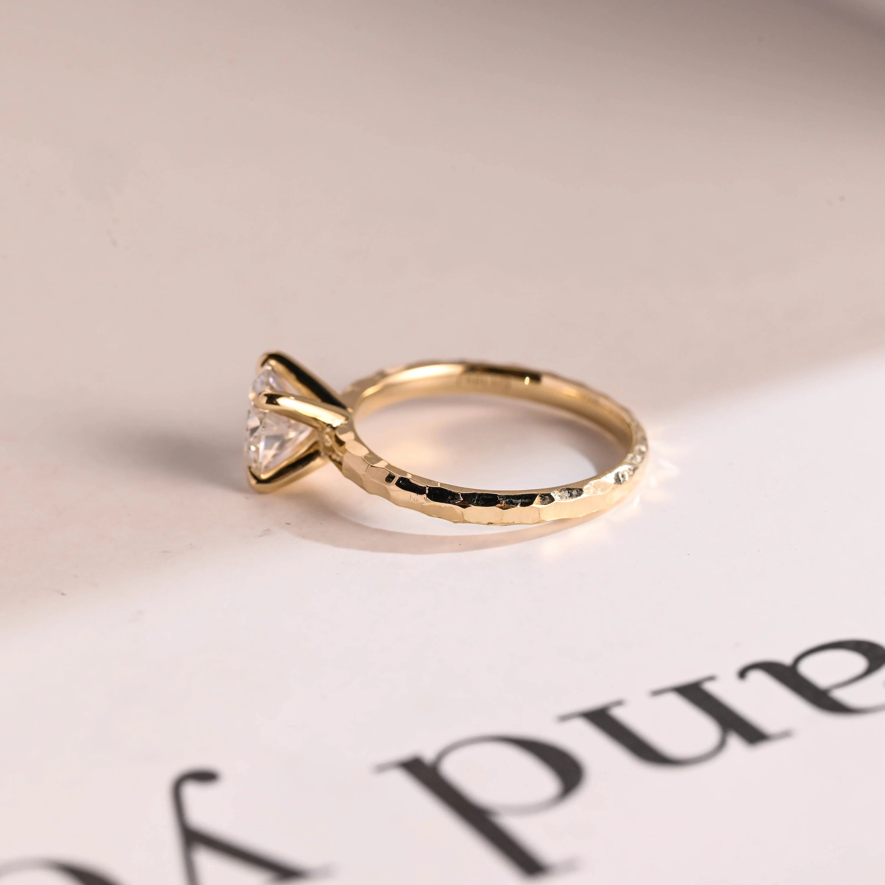 Solid Gold Round Cut Moissanite Engagement Ring, Hammered Ring