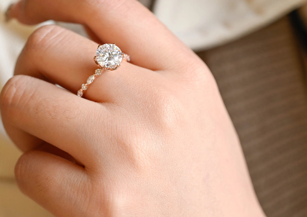 Solid Gold Floral Pave Round Moissanite Engagement Ring, Anniversary Gift for Her