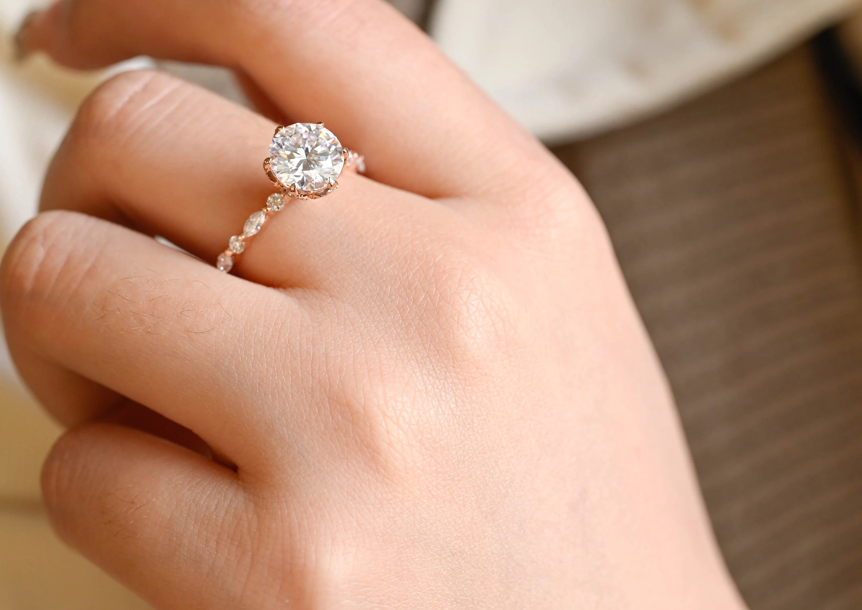 Solid Gold Floral Pave Round Moissanite Engagement Ring, Anniversary Gift for Her