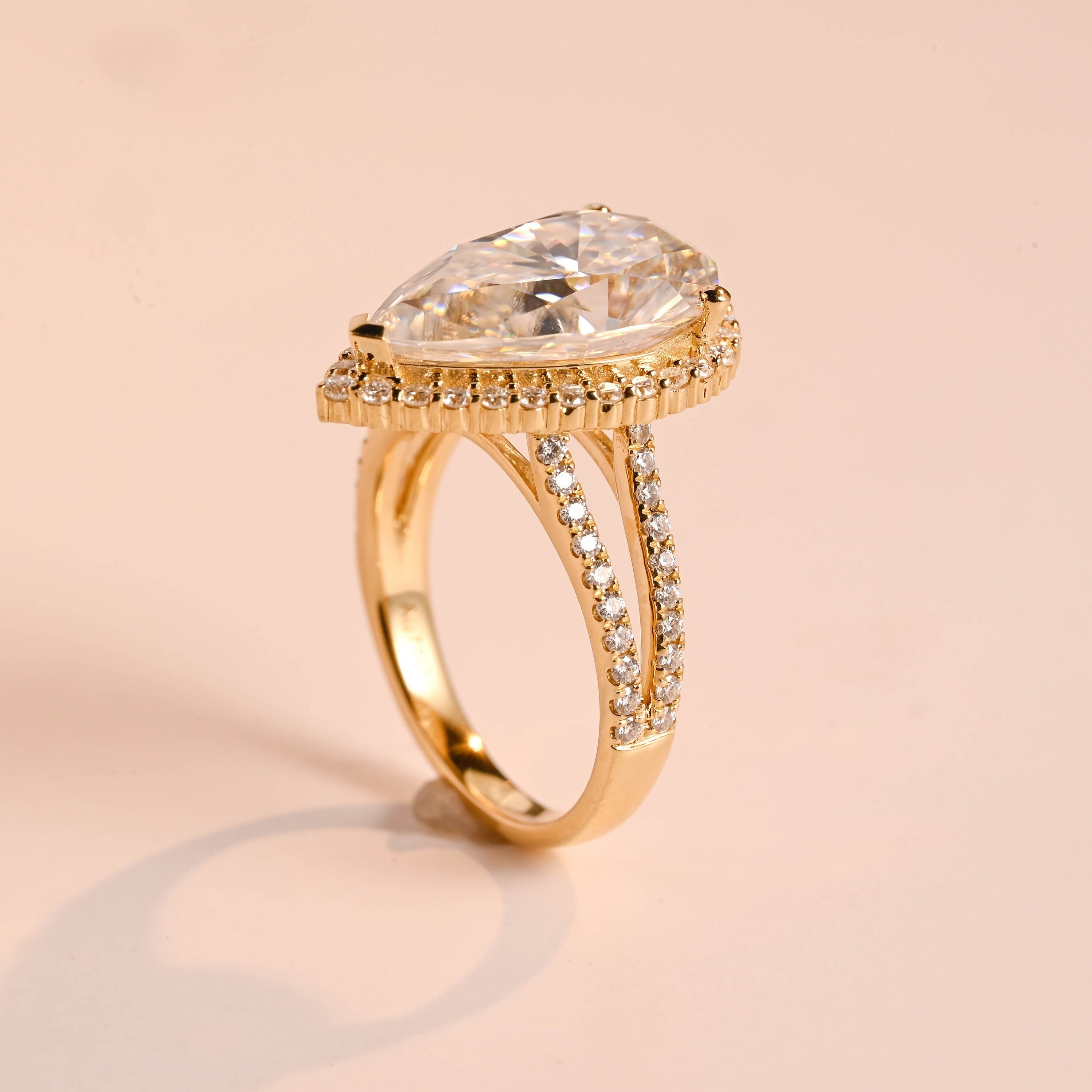 Solid Gold Pear Moissanite Engagement Ring, Double Band Split Shank Halo & Half Eternity Proposal Ring Secondary image