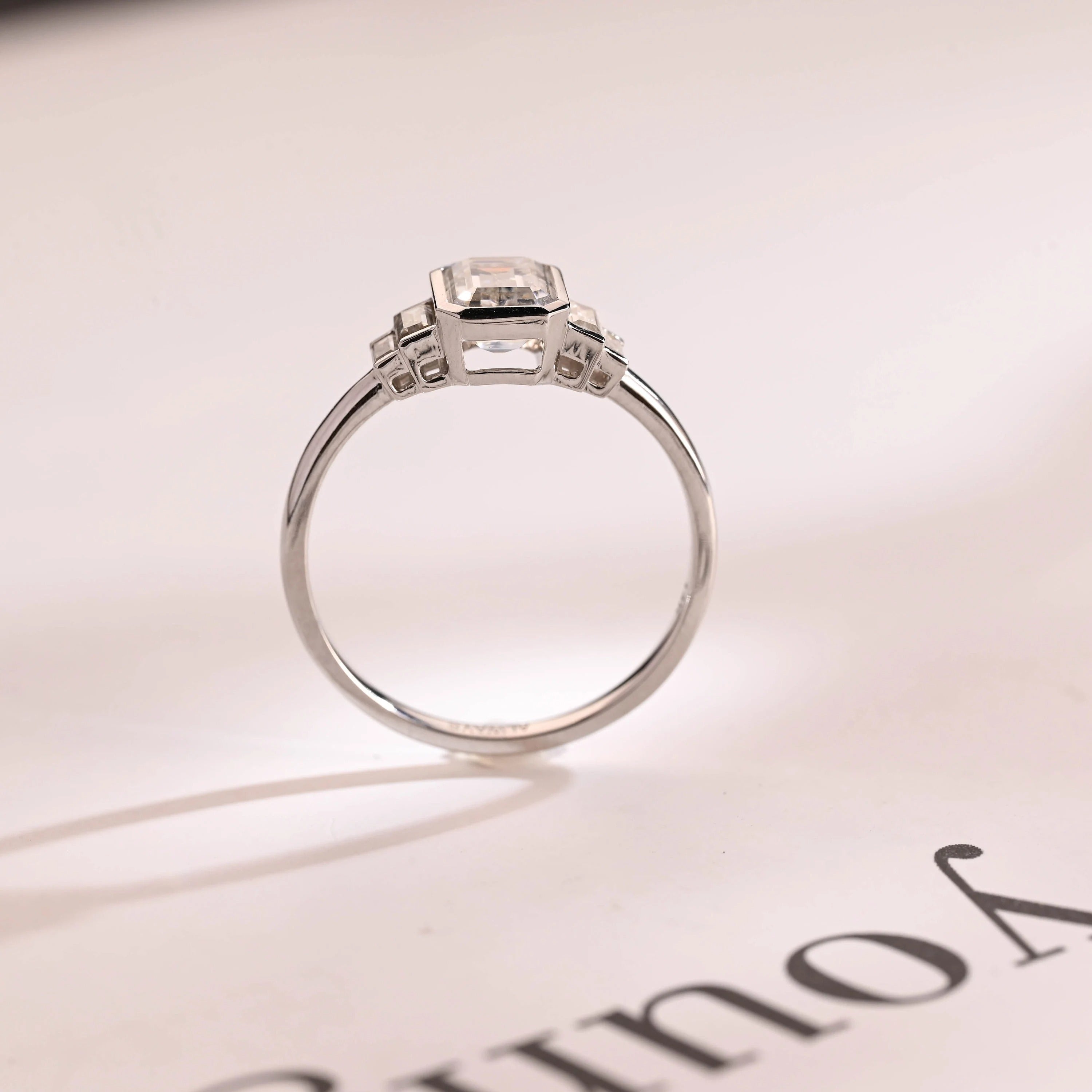 Solid Gold Emerald & Baguette Cut Moissanite Engagement Ring, Minimalist Cluster Bezel Ring