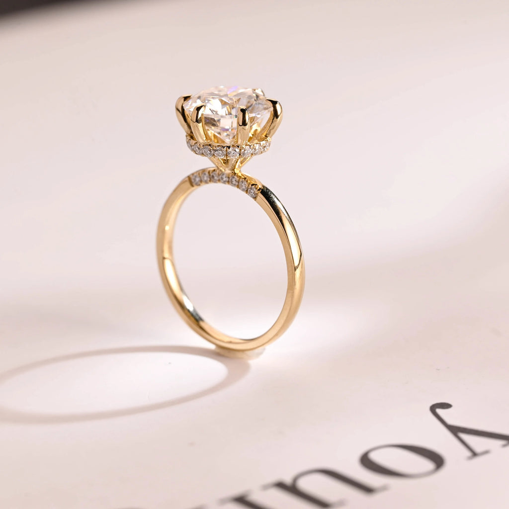 Solid Gold Hidden Halo Round Moissanite Engagement Ring, Anniversary Gift