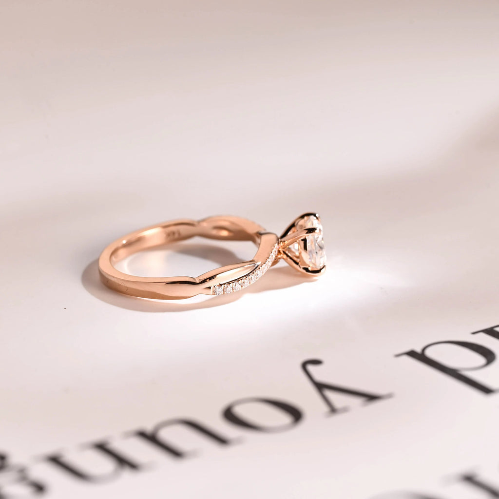 Solid Gold Round Moissanite Engagement Ring, Twisted Band Half Pave Anniversary Ring