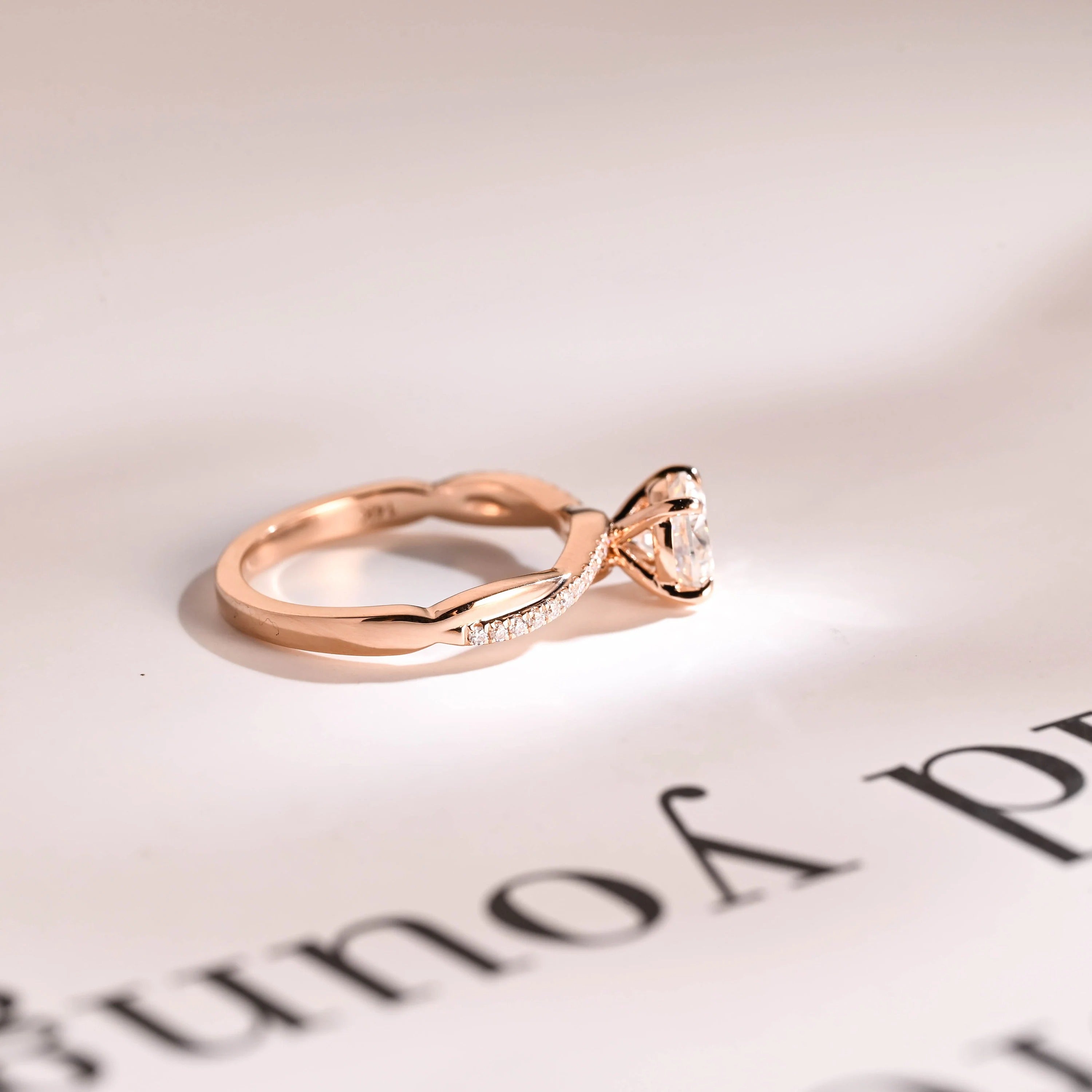 Solid Gold Round Moissanite Engagement Ring, Twisted Band Half Pave Anniversary Ring